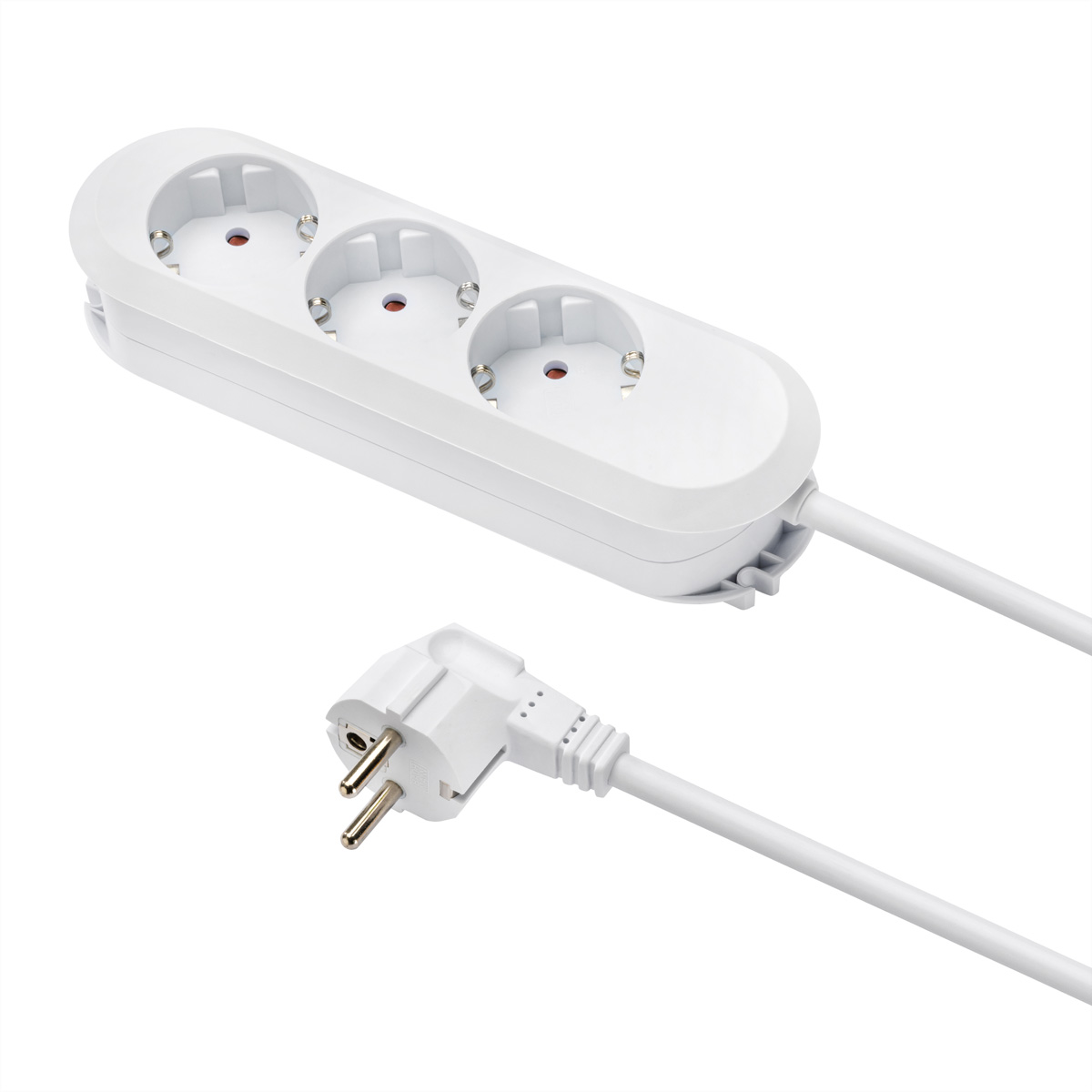 Eine weiße Mehrfachsteckdose mit drei Steckplätzen und einem angeschlossenen weißen Kabel mit Stecker.