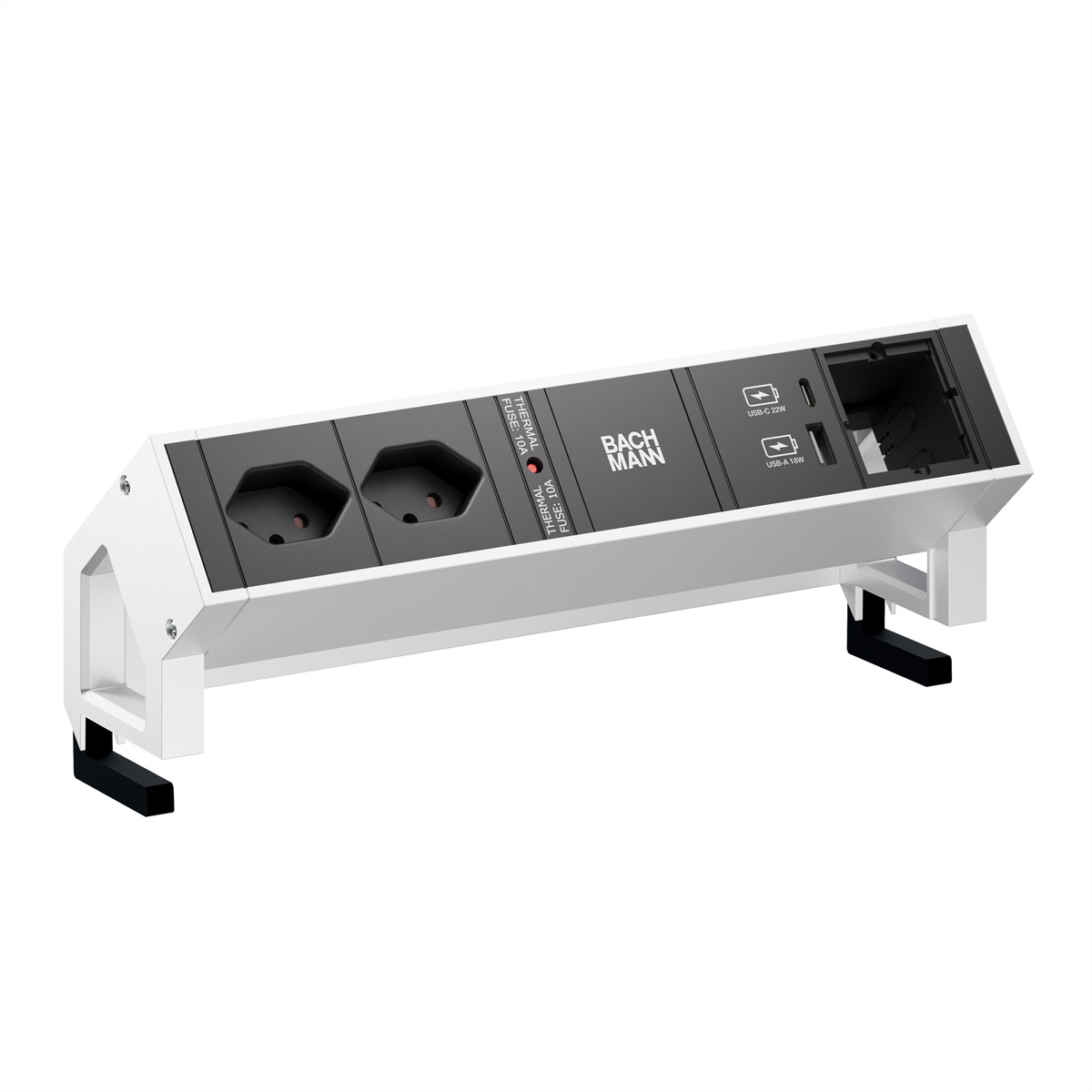 Weiße Bachmann Tischsteckdose mit zwei Steckdosen, USB-C, USB-A und einem leeren Modul auf Ständern.