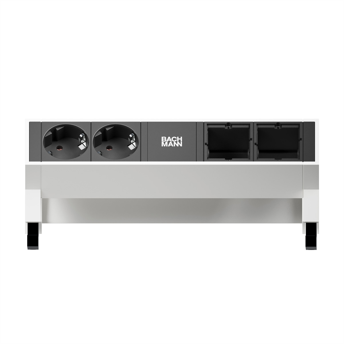 Une multiprise de bureau blanche et noire avec deux prises, le logo Bachmann et deux modules vides.