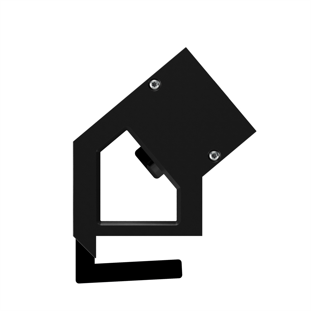 A black metal object featuring two screws and a hook-like shape against a white background.