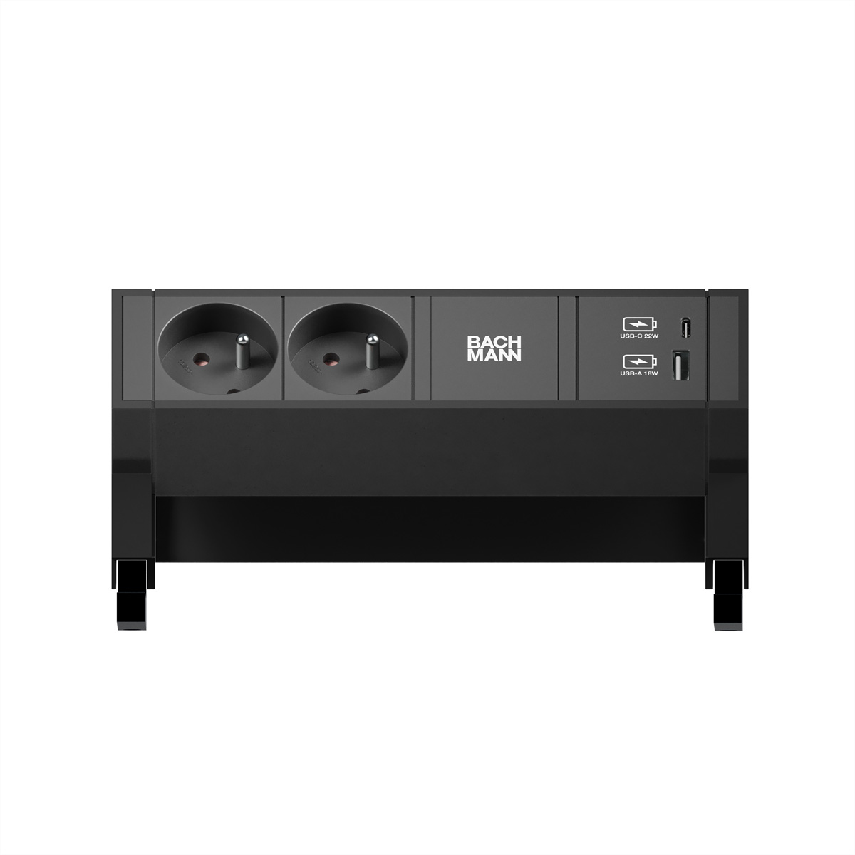 Black Bachmann power strip with two power sockets, USB-C and USB-A ports against a white background.