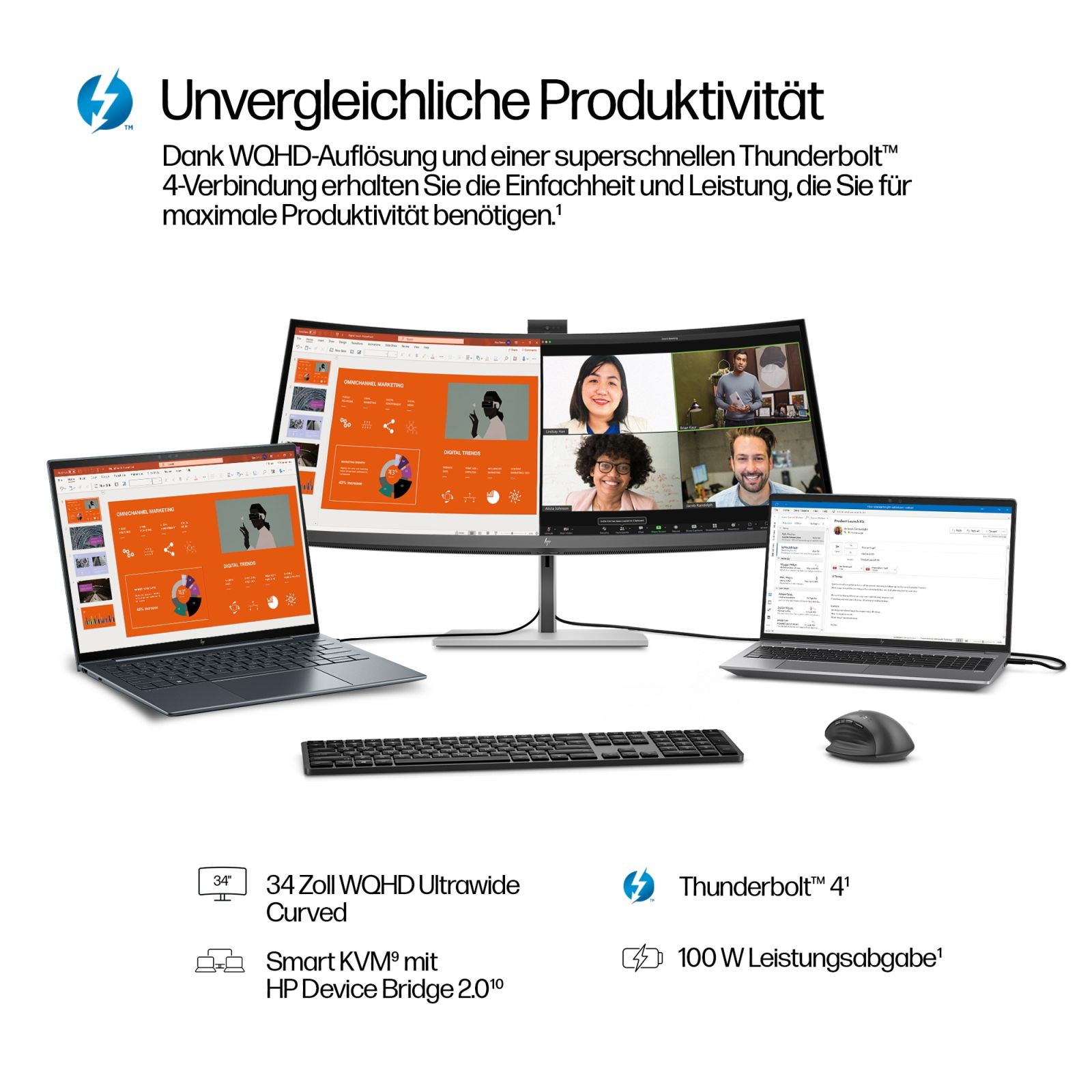 Un monitor ultrawide curvo, due laptop, tastiera e mouse su una scrivania bianca con testo promozionale.