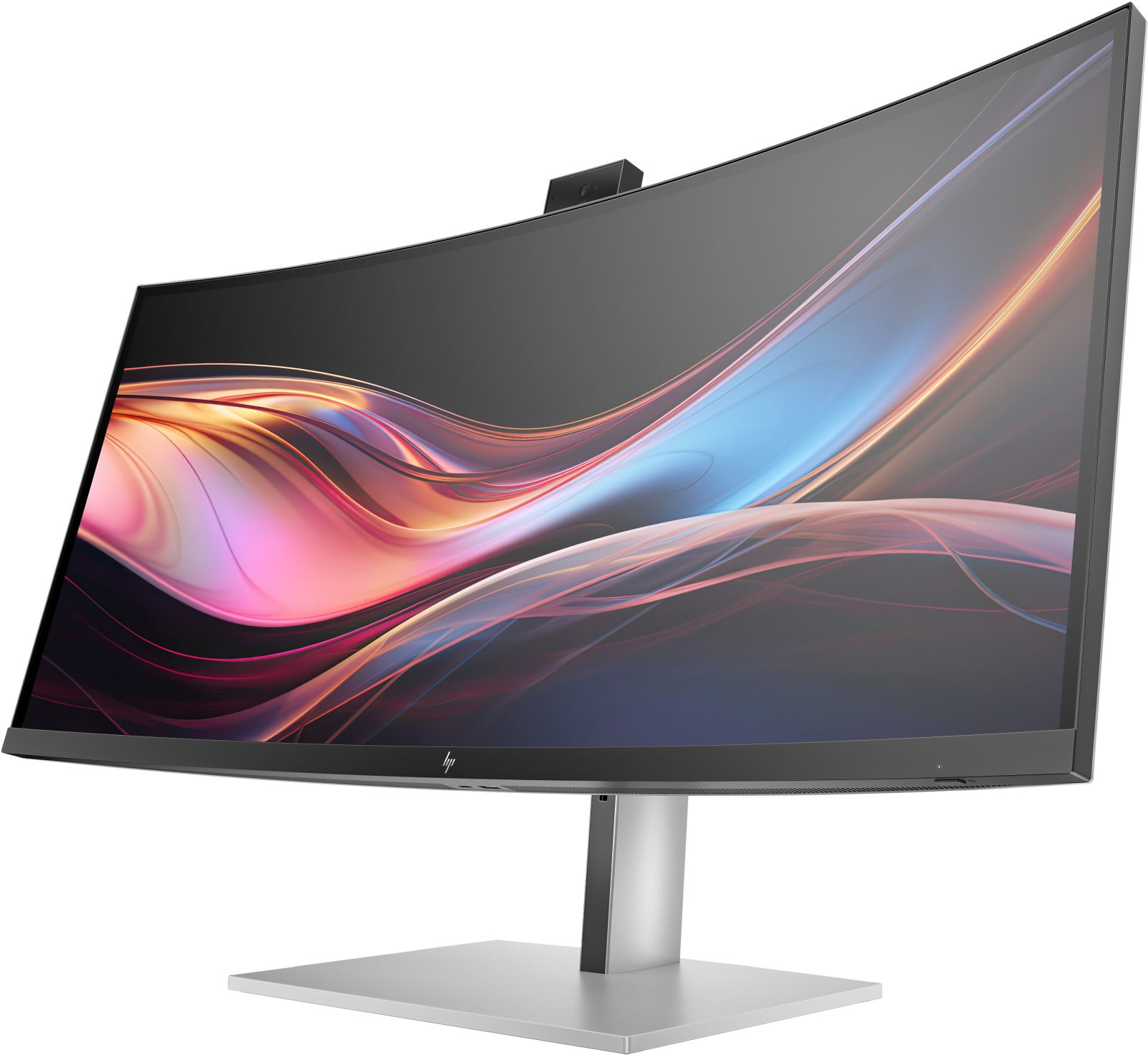 Un monitor curvo nero con sfondo astratto colorato e webcam in alto, su supporto argentato.