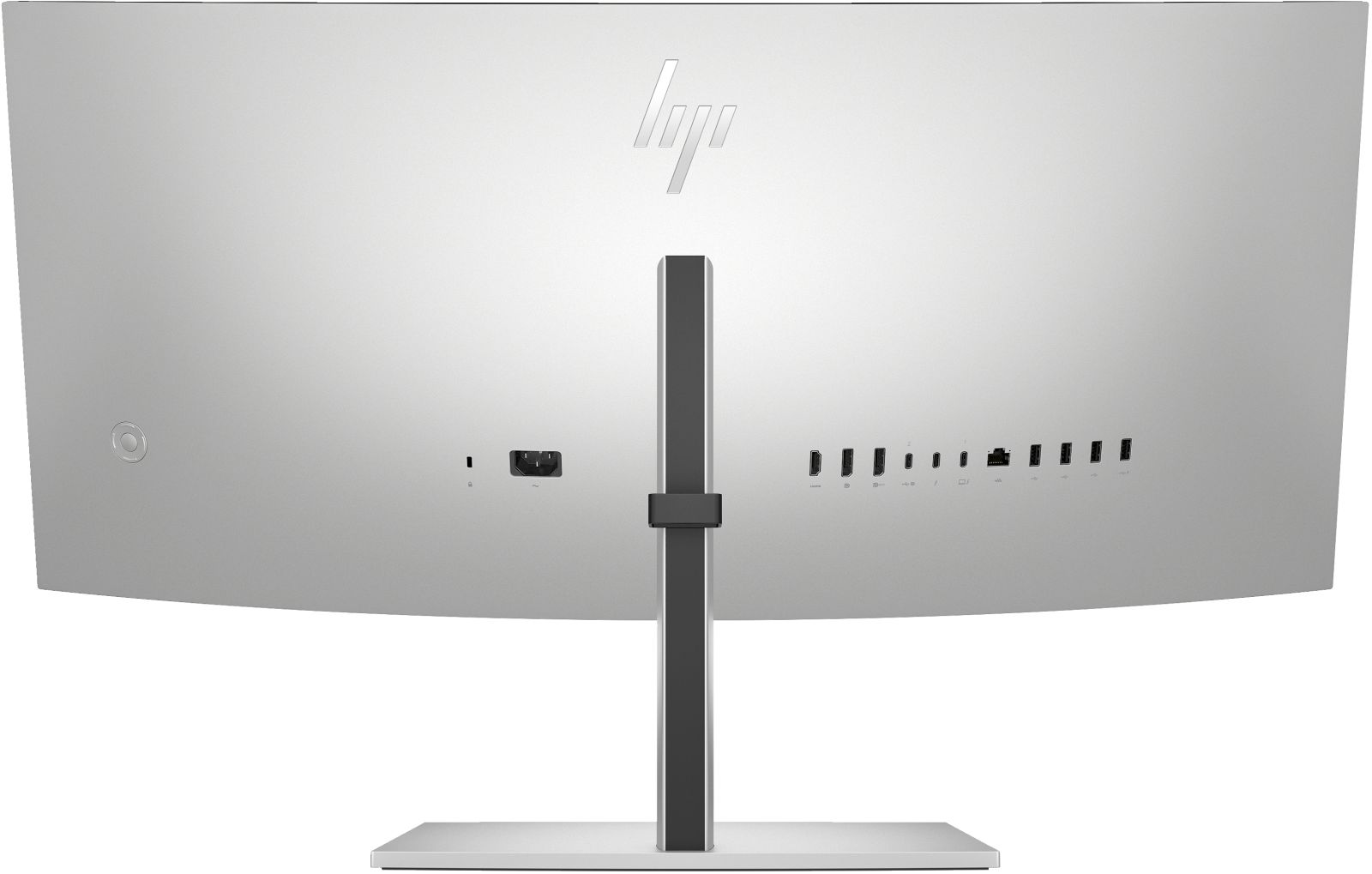 Retro di un monitor HP argento con supporto e varie porte di connessione.