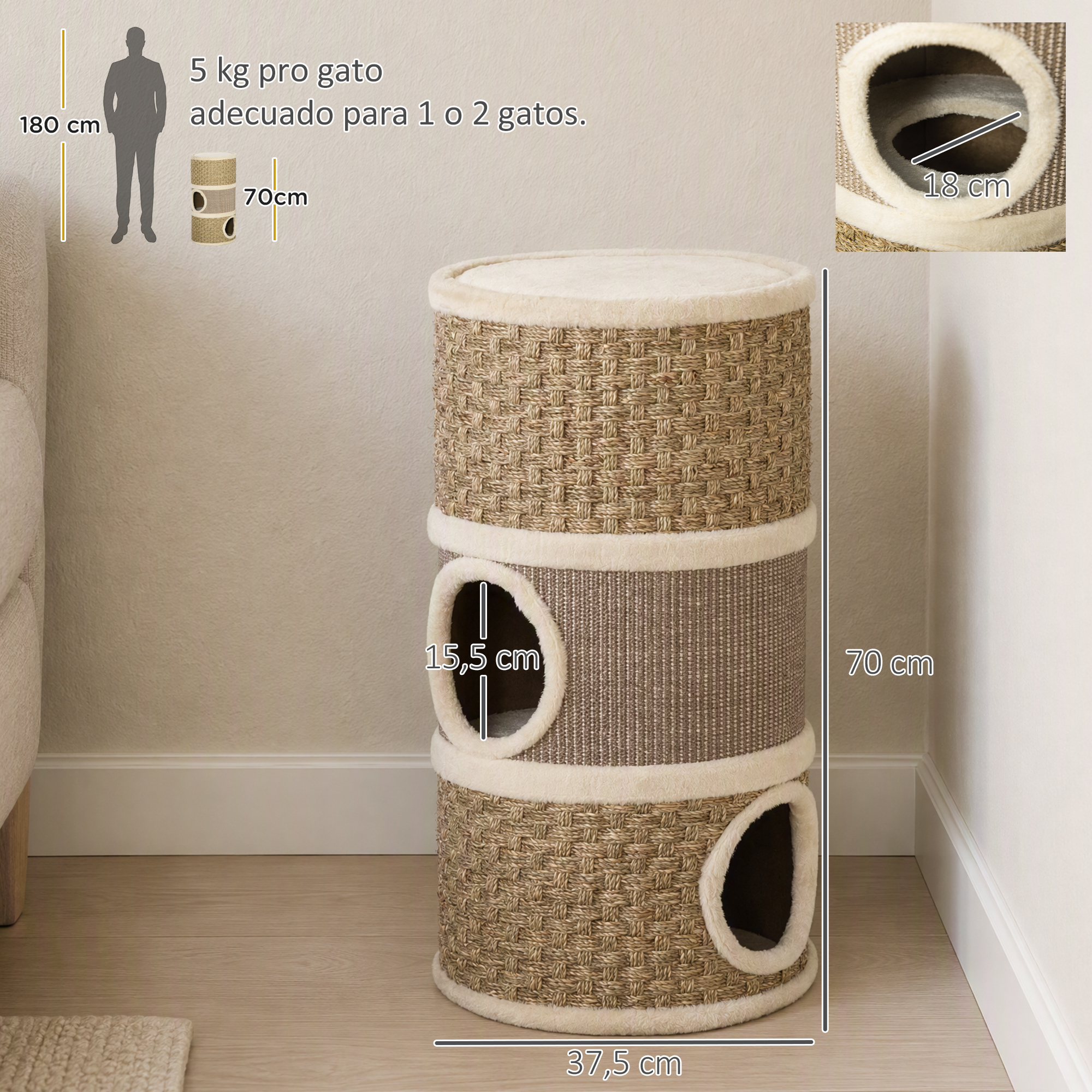 Un rascador cilíndrico para gatos con sisal y peluche muestra dimensiones y un orificio de entrada.