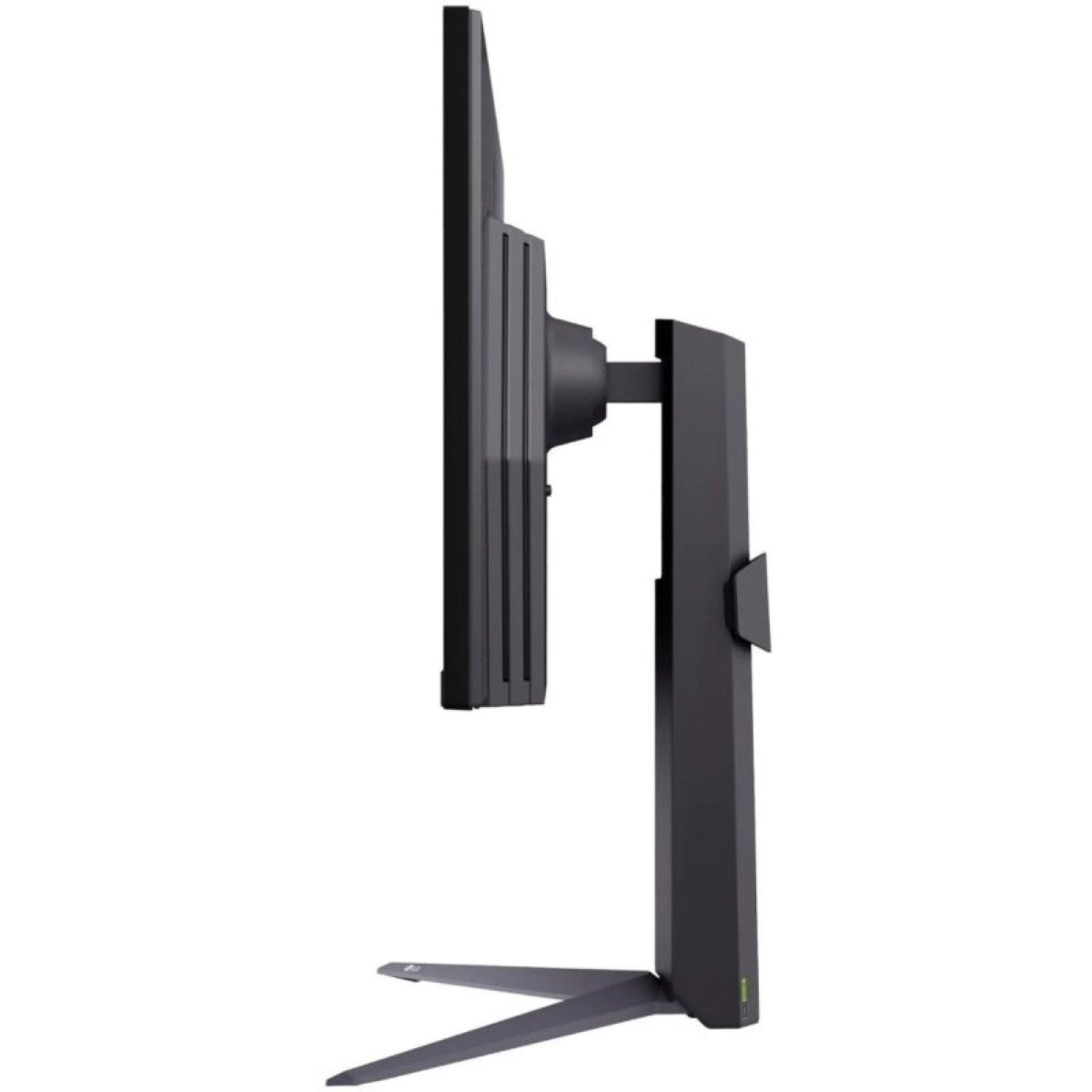 Seitenansicht eines schwarzen Computermonitors auf einem Standfuß mit V-förmigen Beinen.