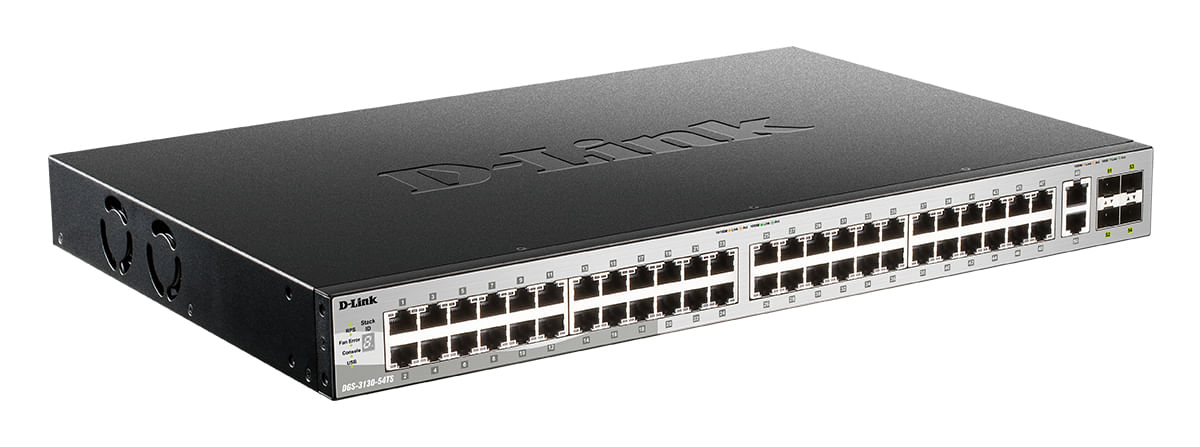 Ein schwarzer D-Link Netzwerk-Switch mit zahlreichen Ethernet-Anschlüssen auf der Vorderseite.