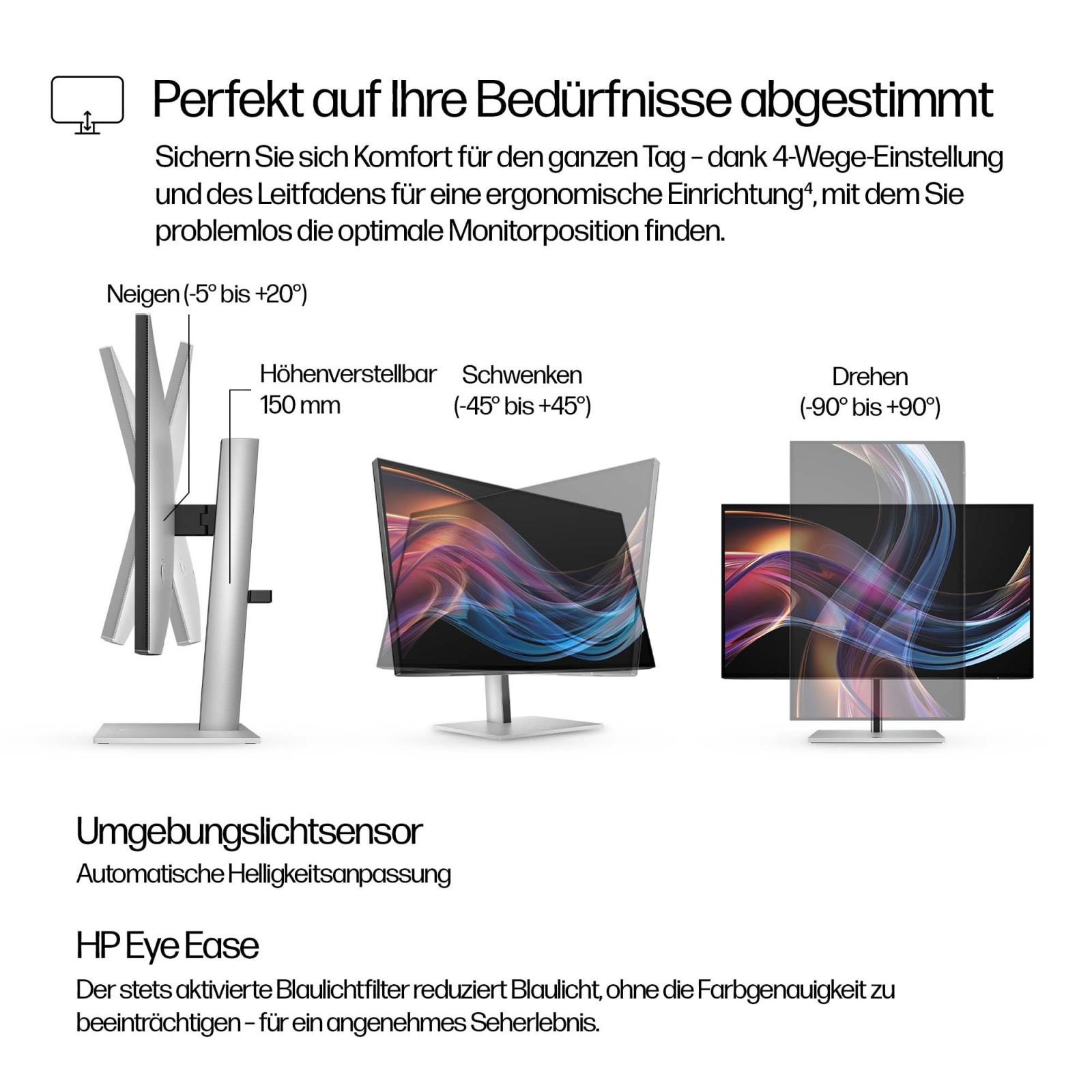 Grafica che mostra le opzioni di regolazione ergonomica di un monitor HP: inclinazione, altezza e rotazione.