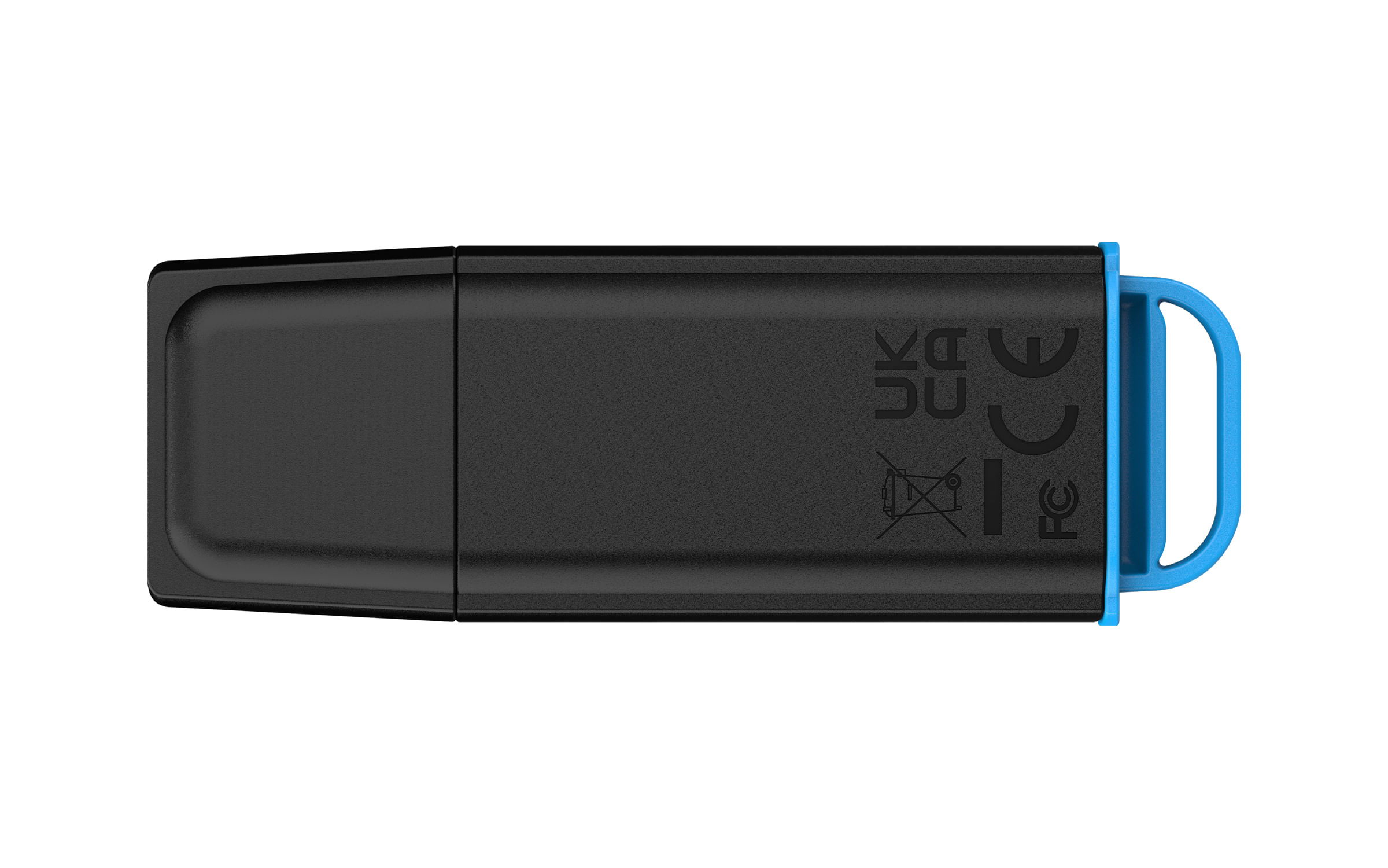 Una chiavetta USB nera con un'asola blu all'estremità su sfondo bianco.