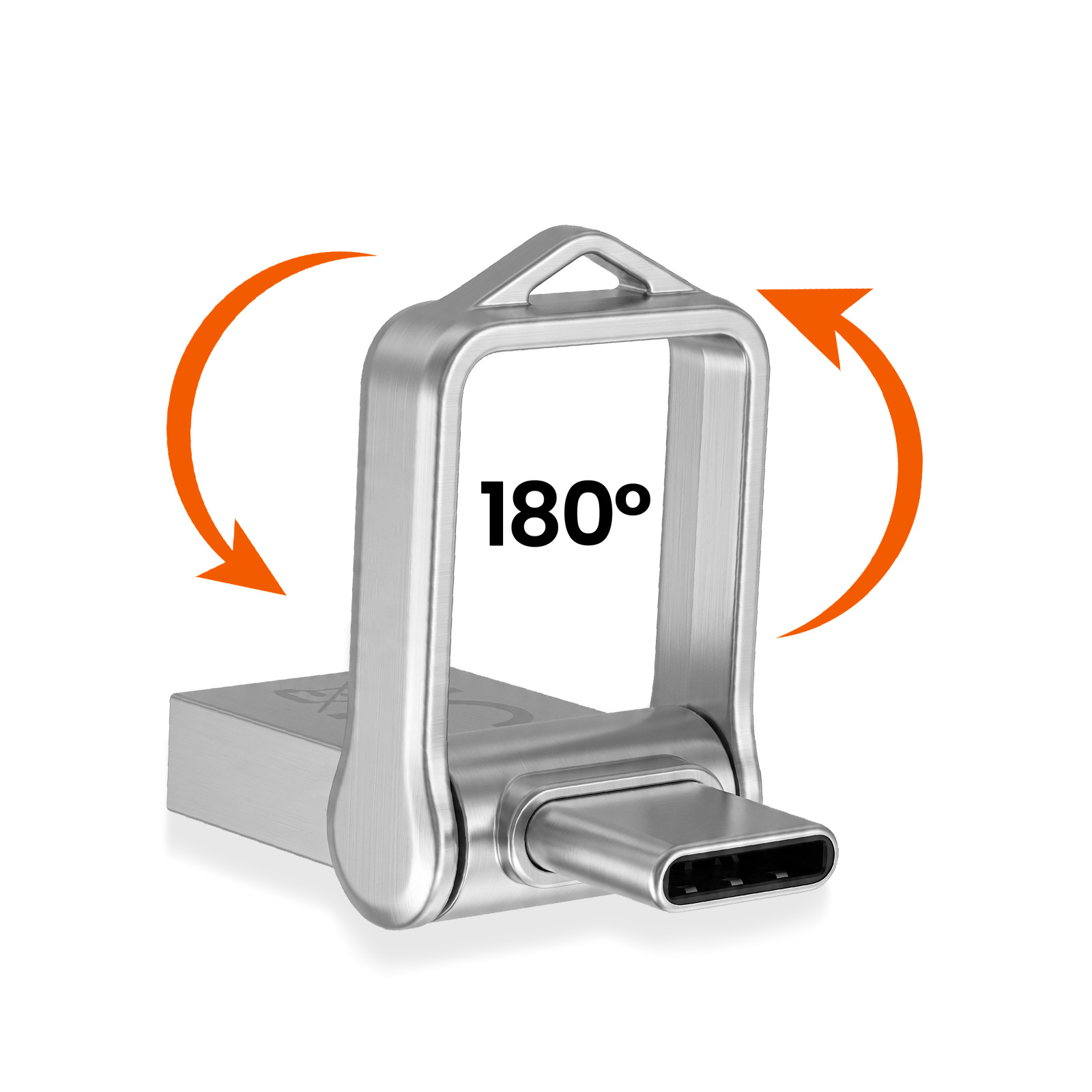 Adattatore USB-C argentato con funzione di rotazione a 180 gradi e frecce arancioni su sfondo bianco.