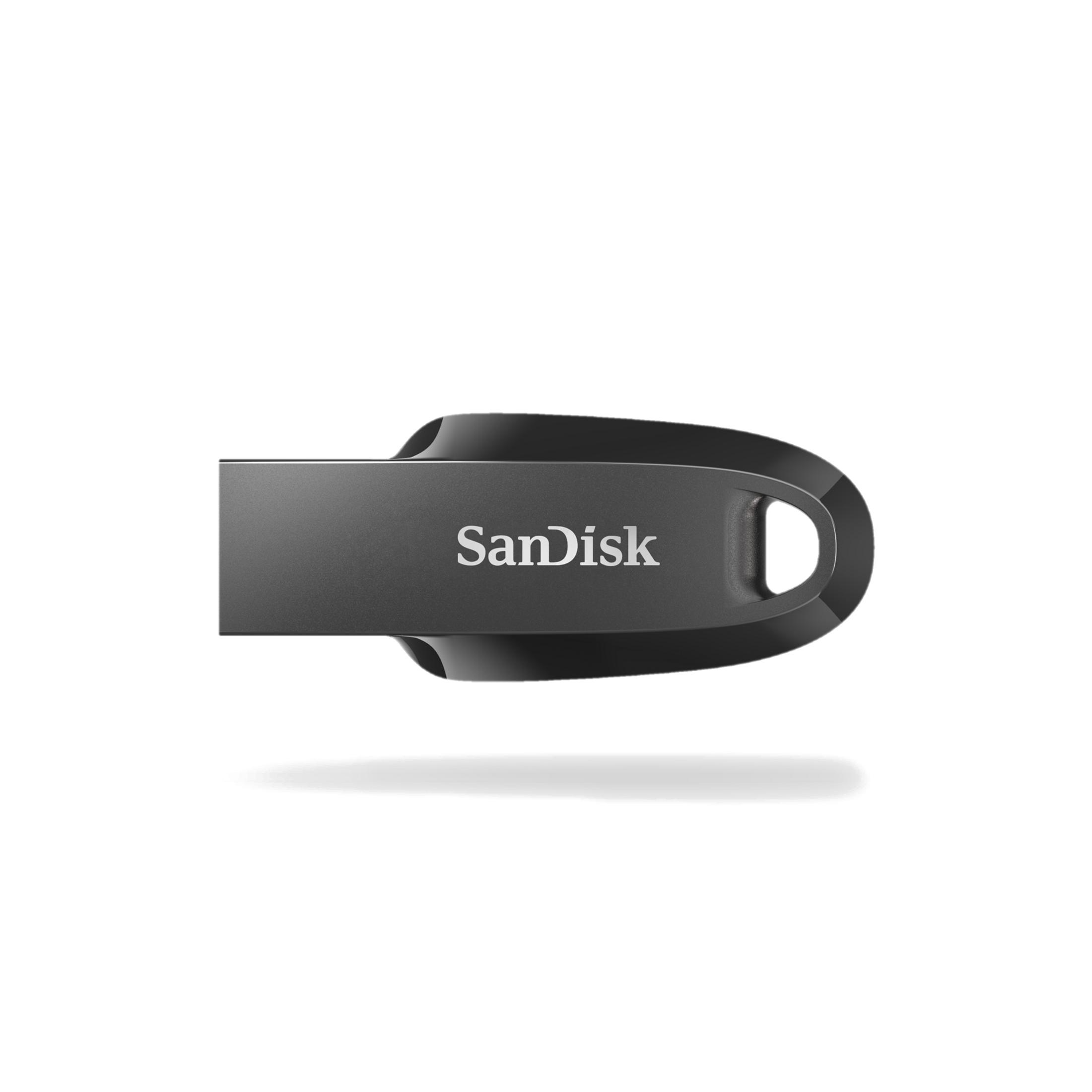 Ein schwarzer SanDisk USB-Stick mit Metallgehäuse und einer Öse auf weißem Hintergrund.