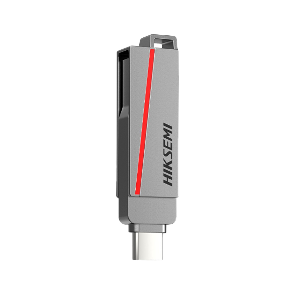 Chiavetta USB-C Hiksemi argentata con striscia rossa e logo nero su sfondo bianco.