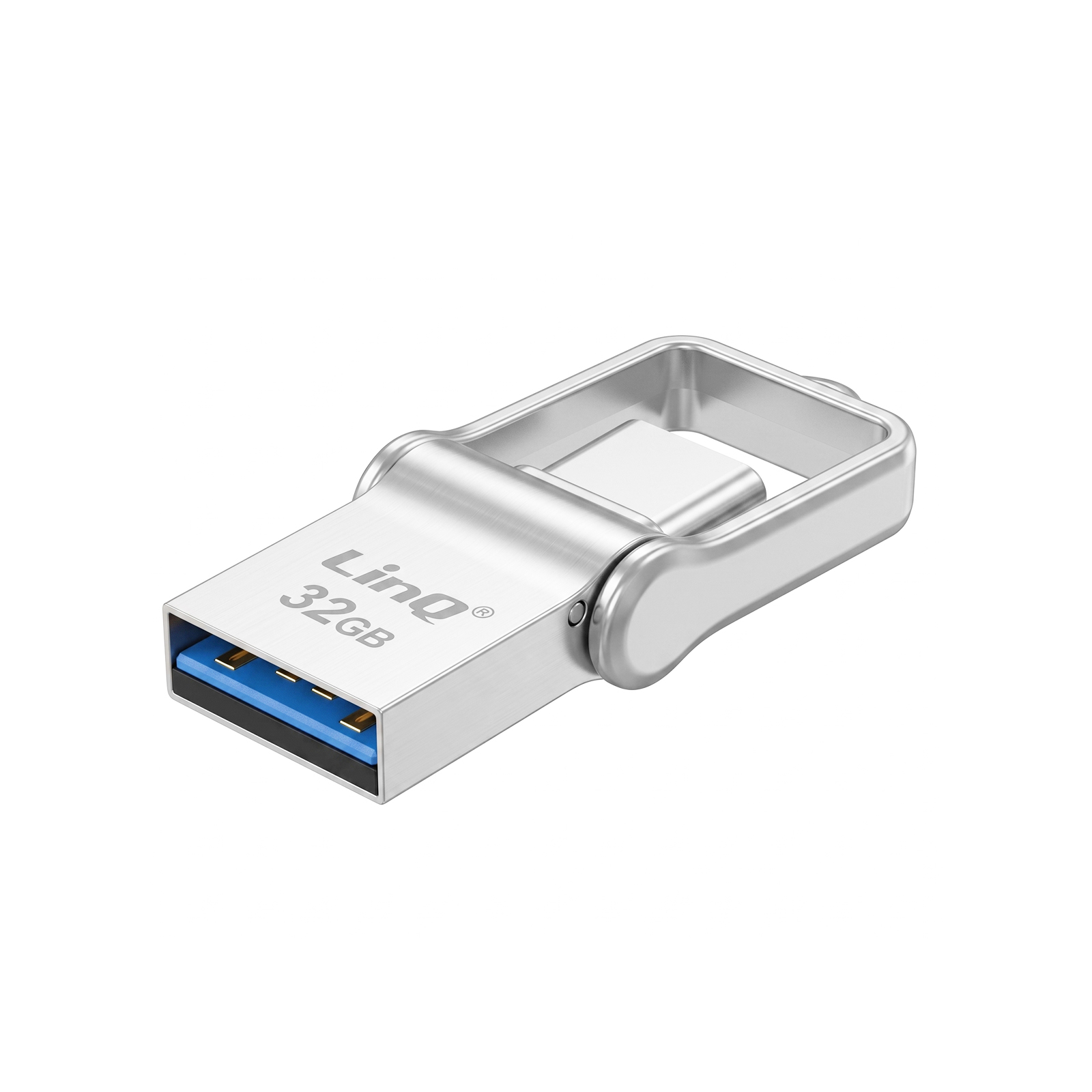 Una chiavetta USB duale LinQ da 32 GB argentata con connettori USB-A e USB-C su sfondo bianco.