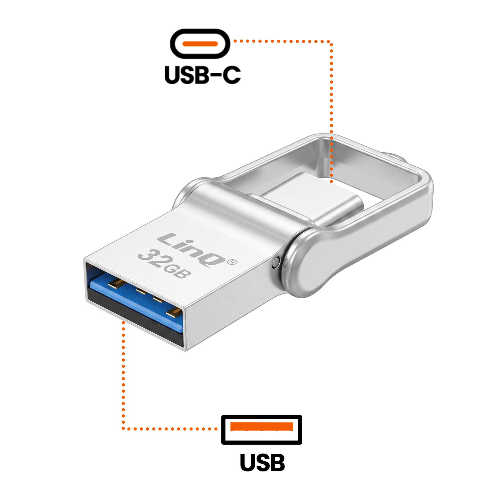 Chiavetta USB doppia da 32GB argento con porte USB-A e USB-C.