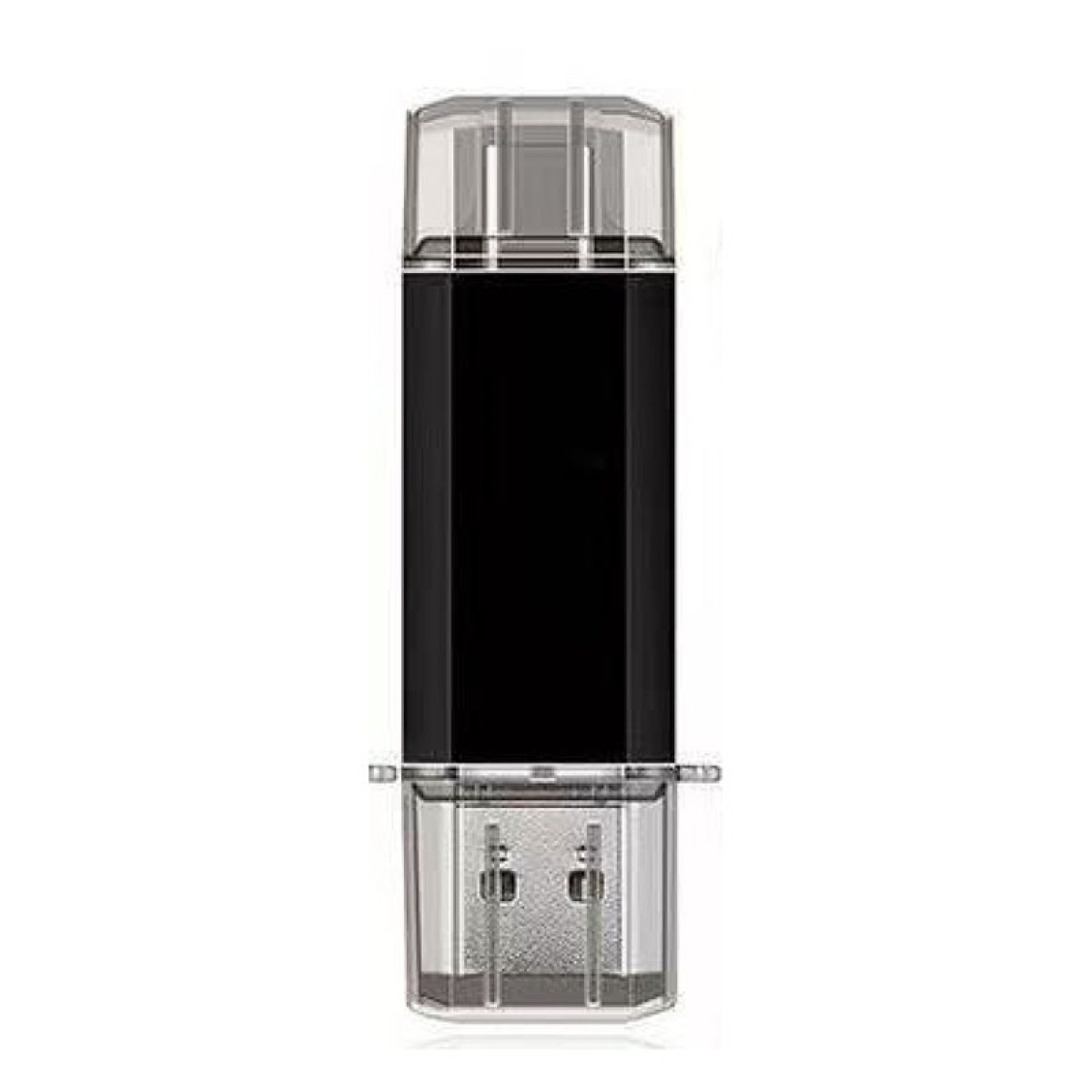 Ein schwarzer USB-Stick mit transparenten Schutzkappen auf beiden Seiten vor weißem Hintergrund.