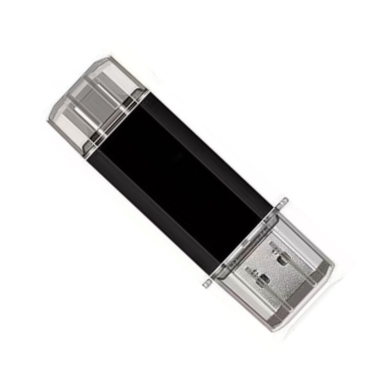 Ein schwarzer USB-Stick mit durchsichtigen Kappen an beiden Enden, diagonal auf weißem Hintergrund.