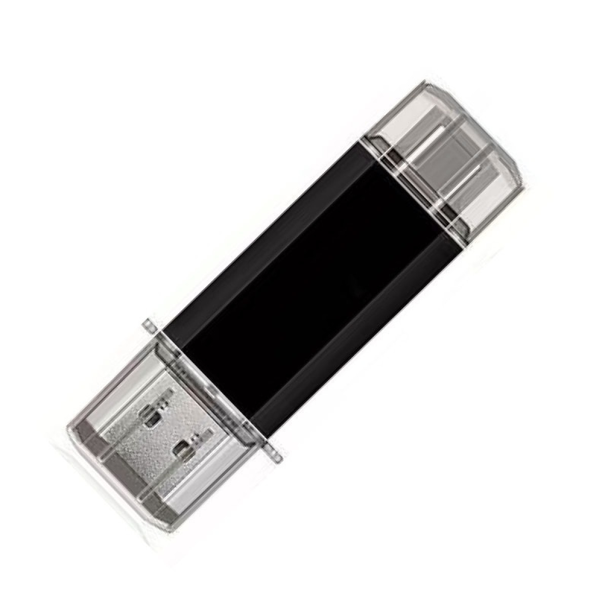 Ein schwarzer USB-Stick mit einer transparenten Plastikkappe auf weißem Hintergrund.