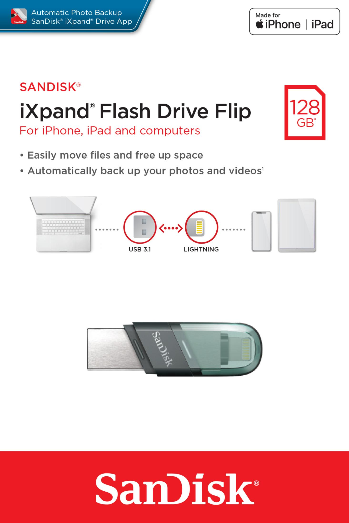 Confezione e immagine del prodotto SanDisk iXpand Flash Drive Flip da 128 GB.