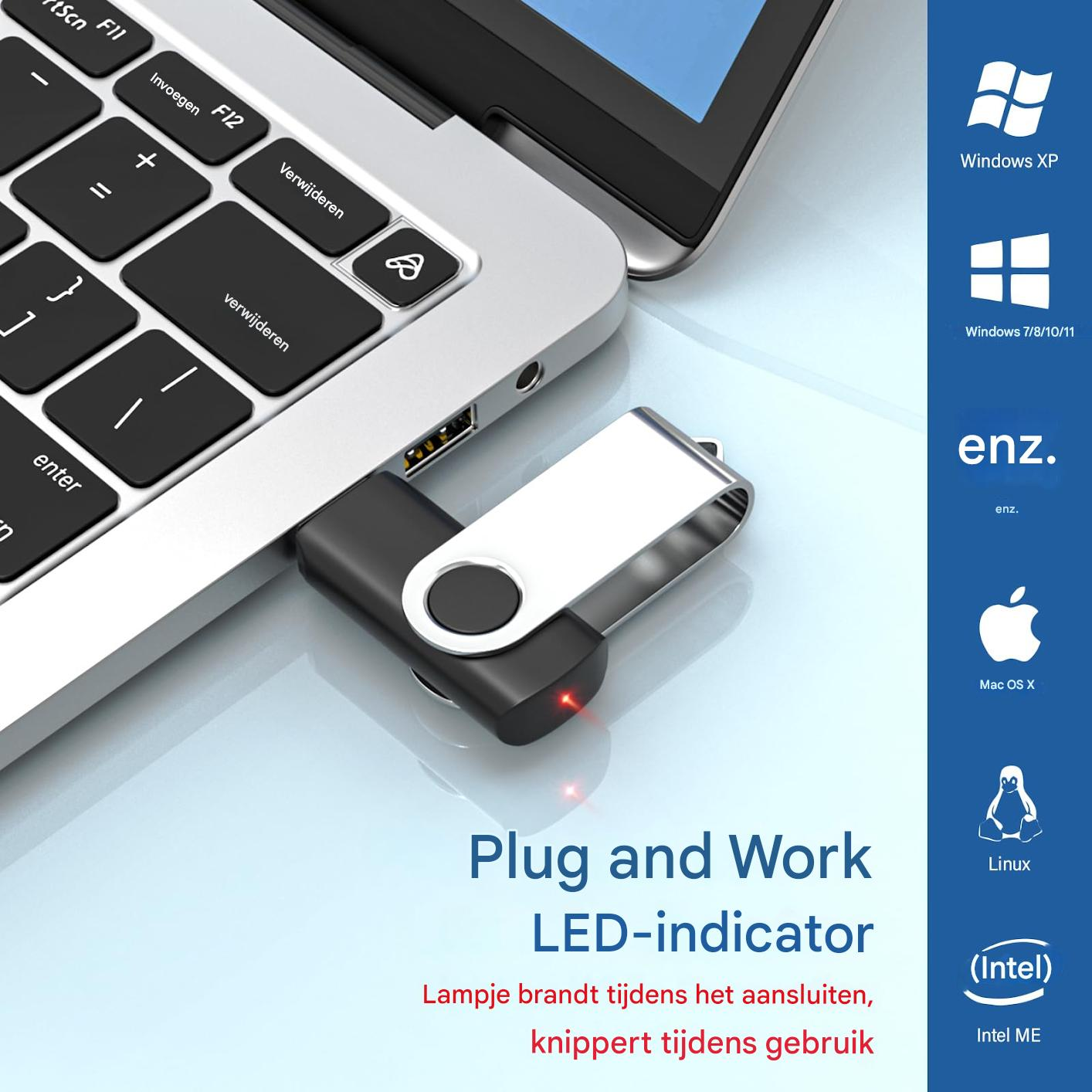 Ein USB-Stick steckt im Laptop, mit Text und Symbolen für Windows, Mac und Linux rechts.