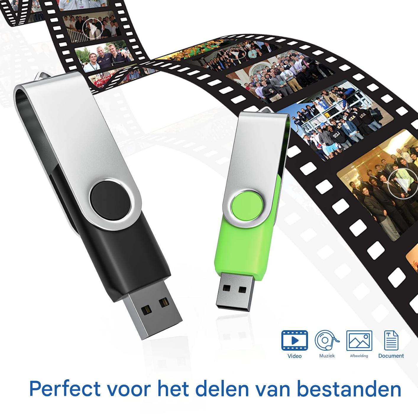 Zwei USB-Sticks in Schwarz und Hellgrün vor einem Filmstreifenhintergrund mit niederländischem Text.