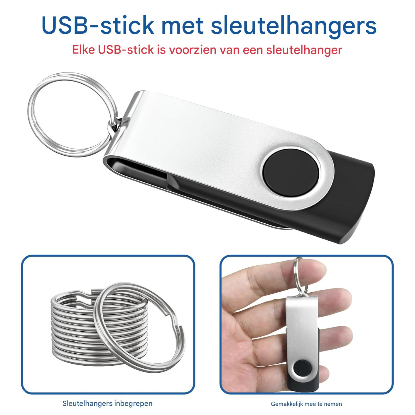 Ein USB-Stick aus Metall und Schwarz mit Schlüsselring, einem Stapel Ringe und einer Hand mit dem USB-Stick.