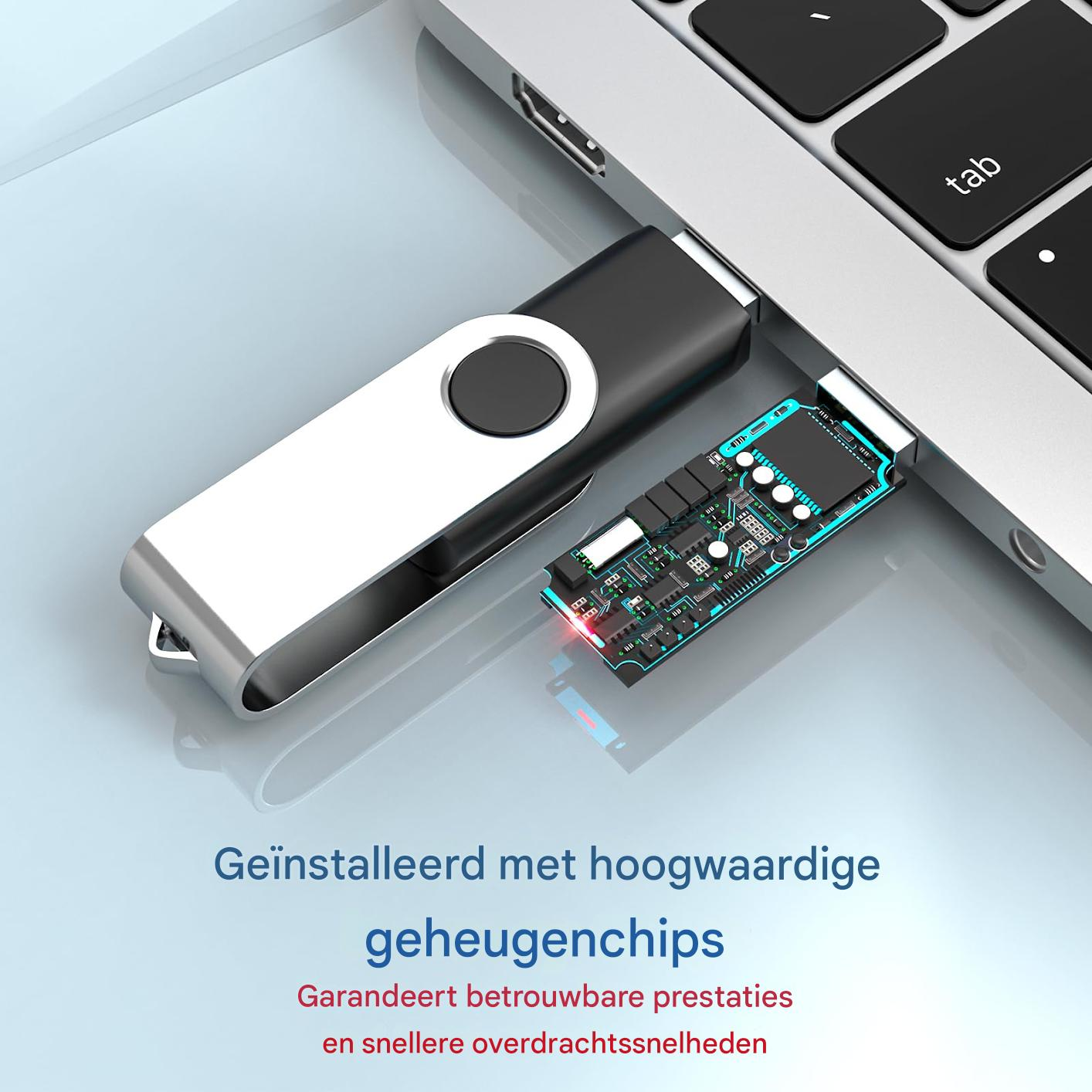 Ein USB-Stick mit freiliegender Platine ist in einen Laptop eingesteckt, Text auf Niederländisch.