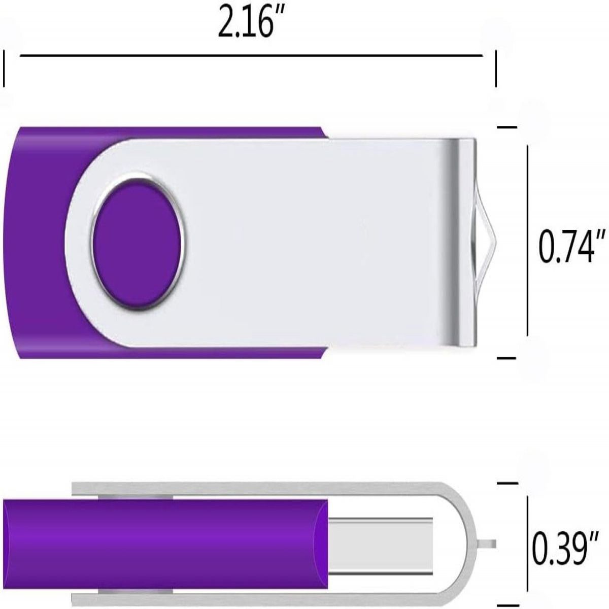 Technische Zeichnung eines violetten USB-Sticks mit Maßangaben von 2.16 x 0.74 x 0.39 Zoll.
