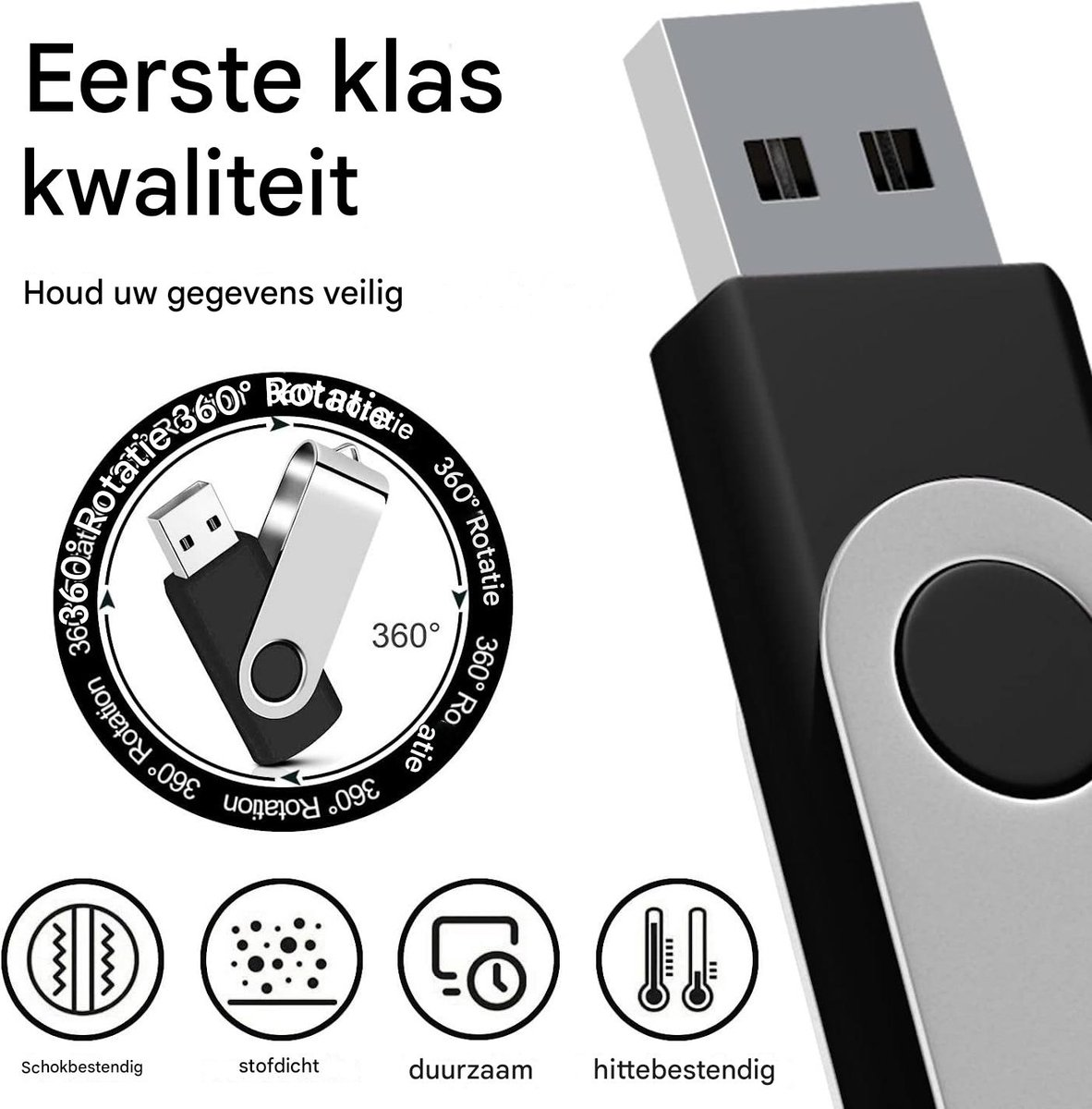 Ein schwarzer USB-Stick mit Silberclip und Icons für Eigenschaften wie stoßfest und staubdicht.