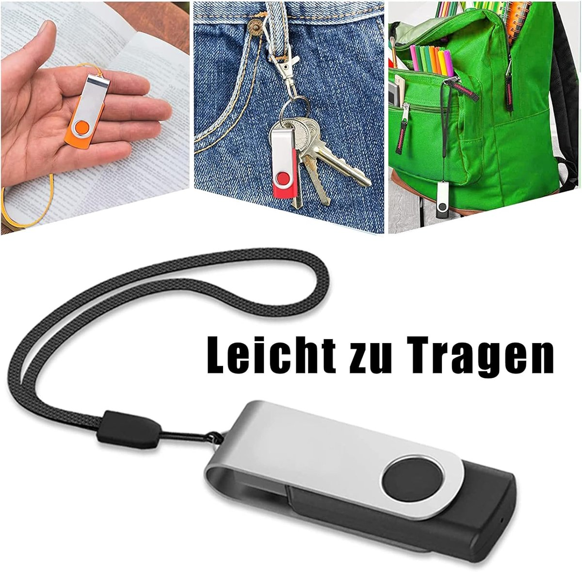 Ein USB-Stick mit Trageband zeigt verschiedene Verwendungsmöglichkeiten an Hand, Hose und Rucksack.