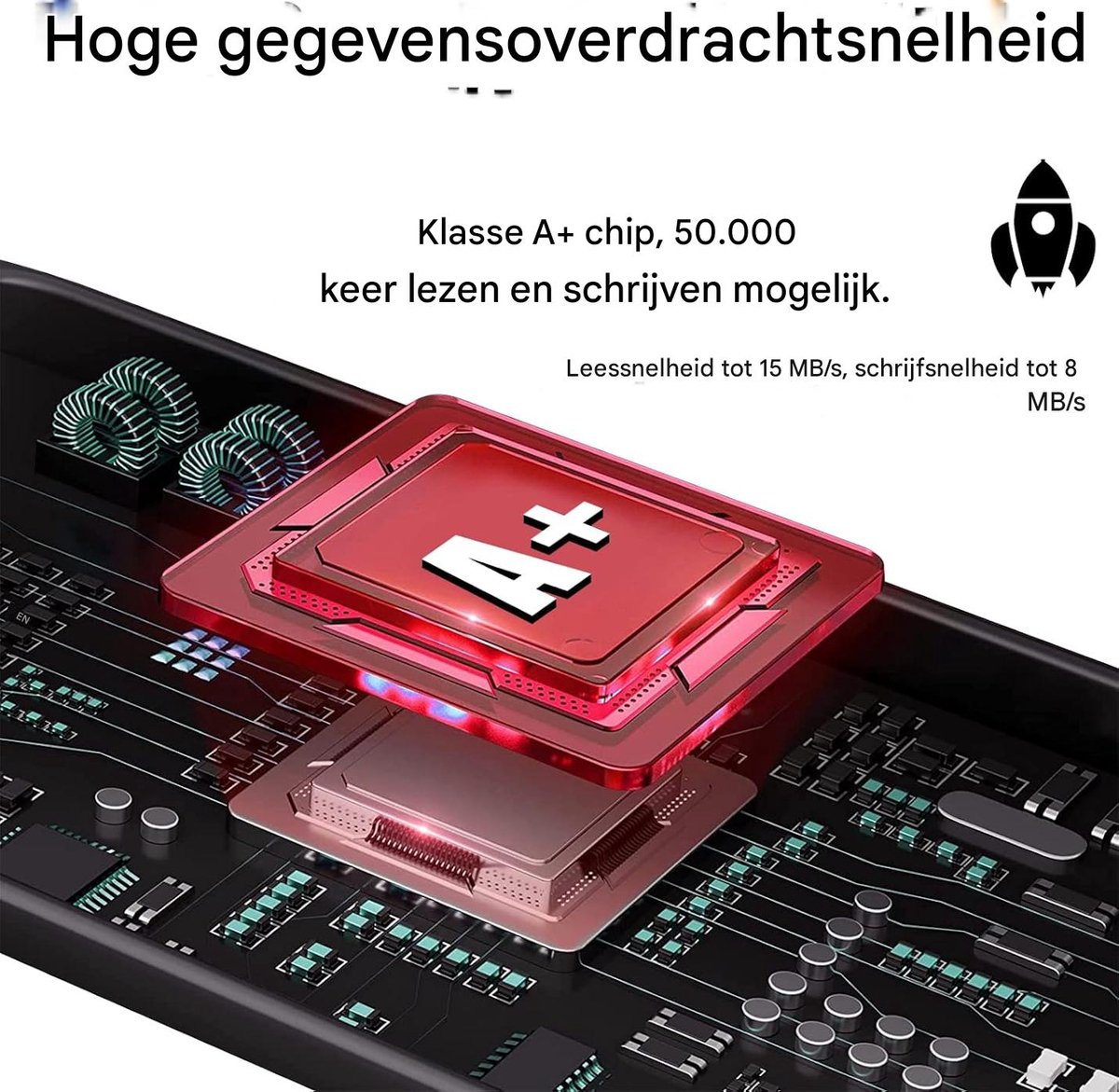 Eine rote Platine mit einem A+-Chip und technischem Text auf Niederländisch.