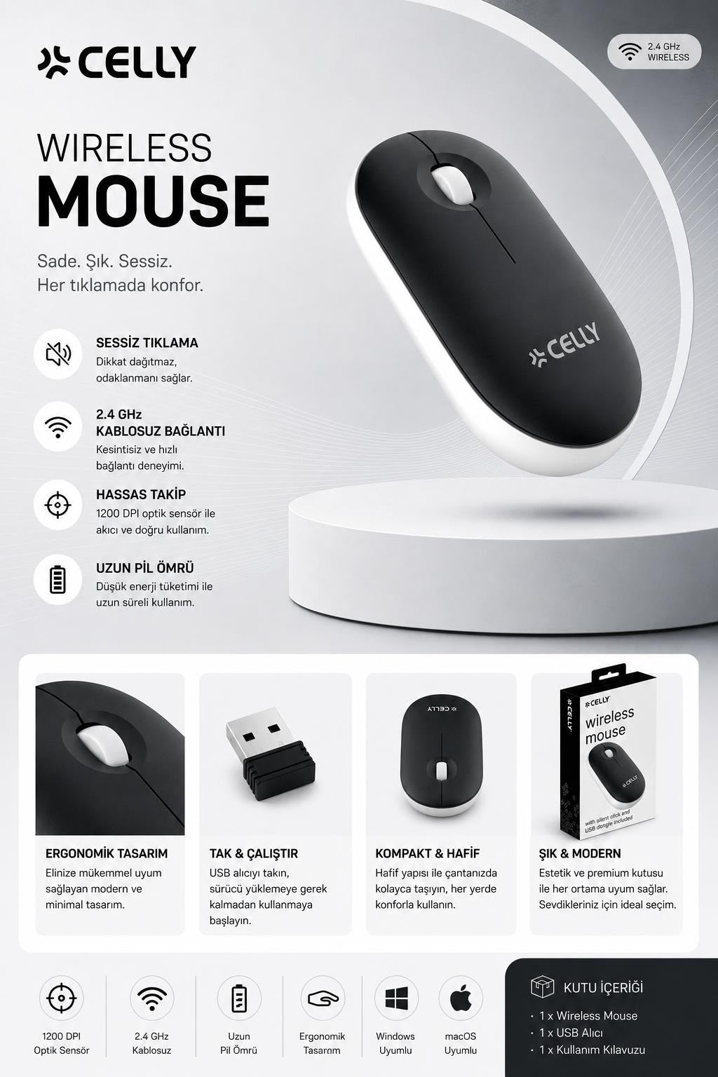 CELLY SWWL Slim Sessiz Kablosuz Mouse Siyah