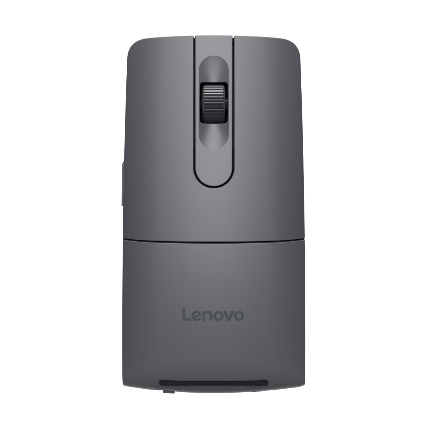 Vista dall'alto di un mouse per computer Lenovo grigio con rotellina e logo su sfondo bianco.