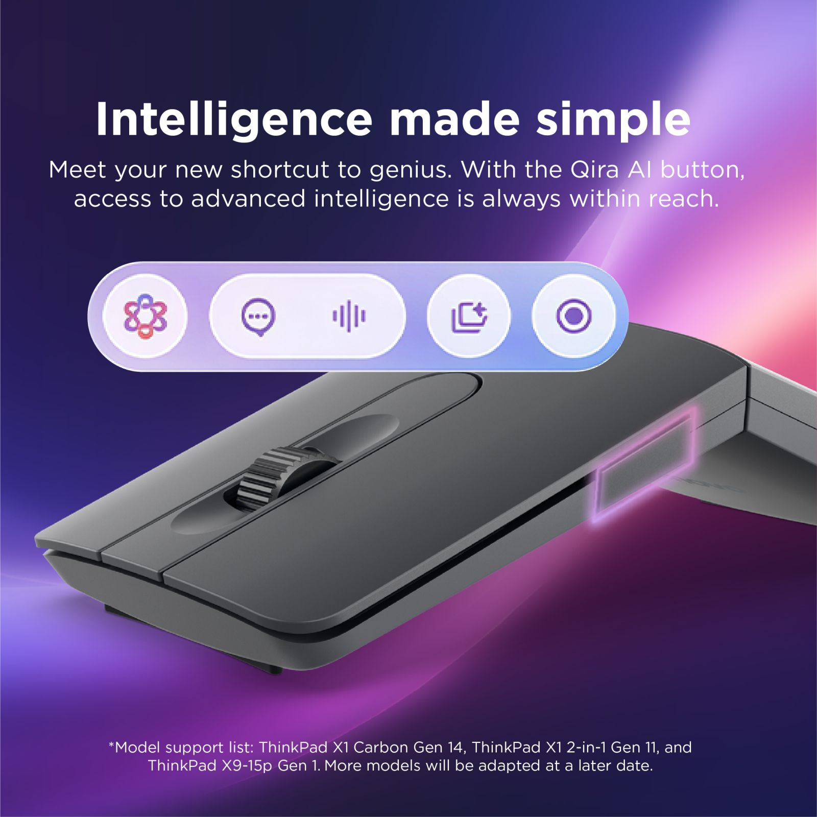 Un mouse grigio con pulsanti Qira AI su sfondo viola e rosa.