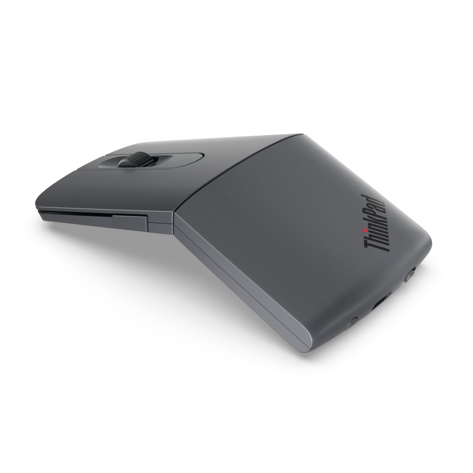 Un mouse per computer ThinkPad grigio e sottile con rotellina di scorrimento su sfondo bianco.