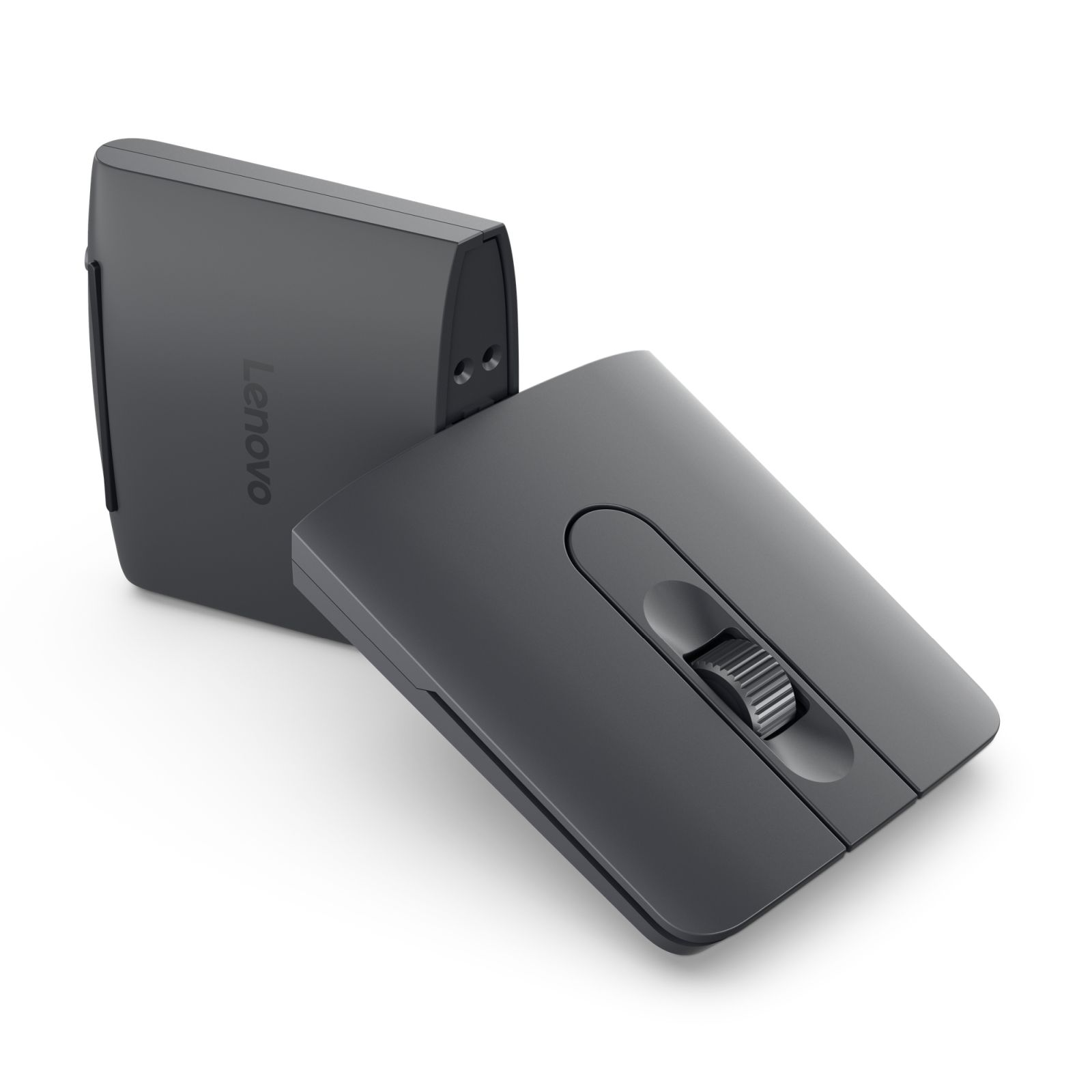 Un mouse per computer Lenovo grigio con superficie touch e rotella di scorrimento su sfondo bianco.