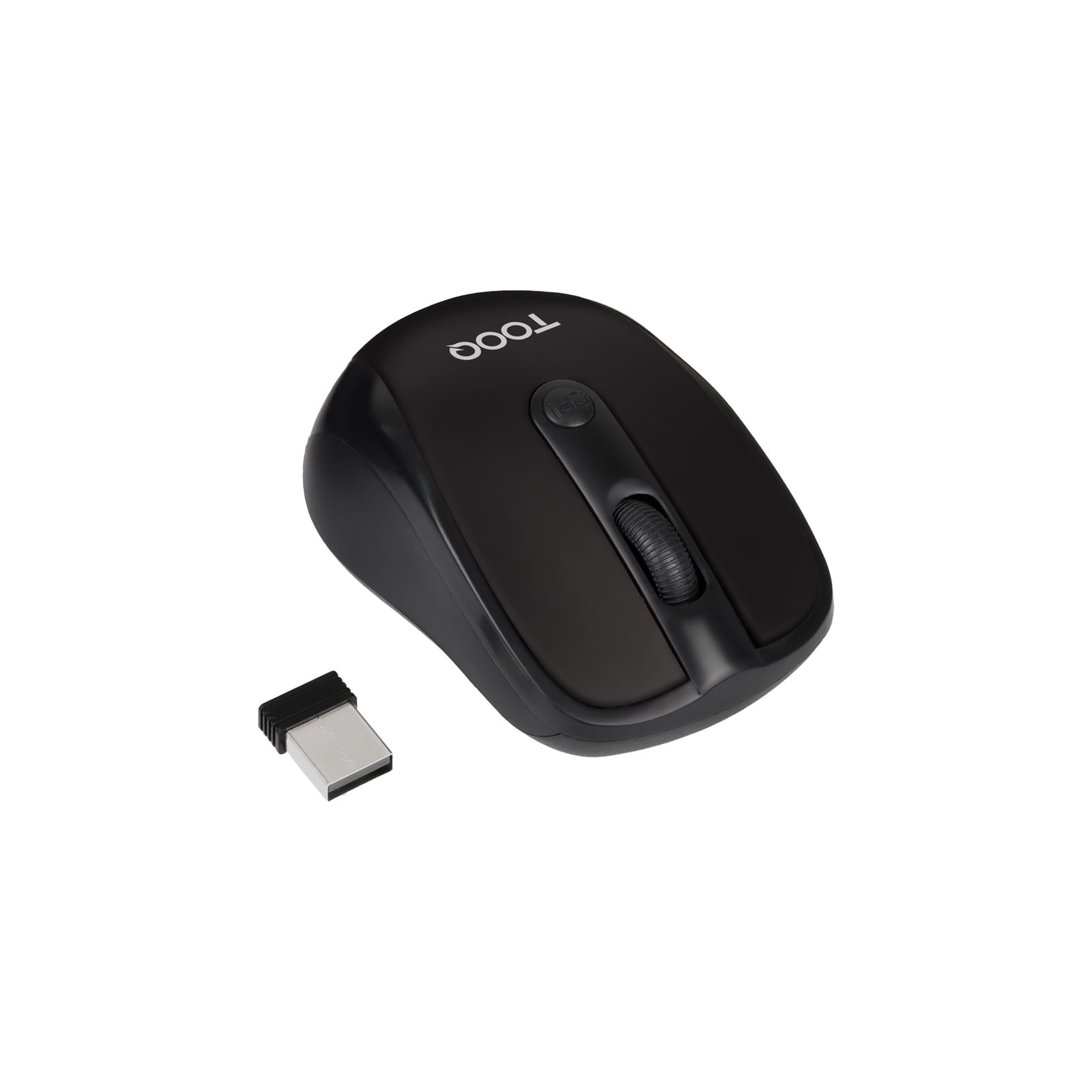 Un mouse wireless nero con rotellina di scorrimento e ricevitore USB su sfondo bianco.