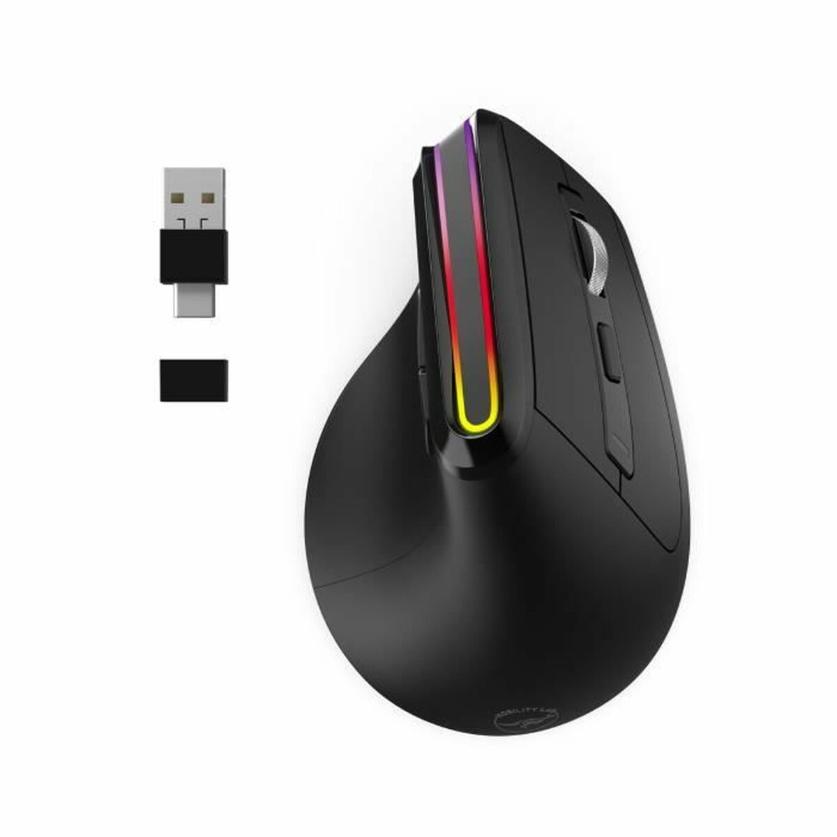 Un ratón inalámbrico ergonómico negro con tira LED de arco iris y un receptor USB sobre fondo blanco.