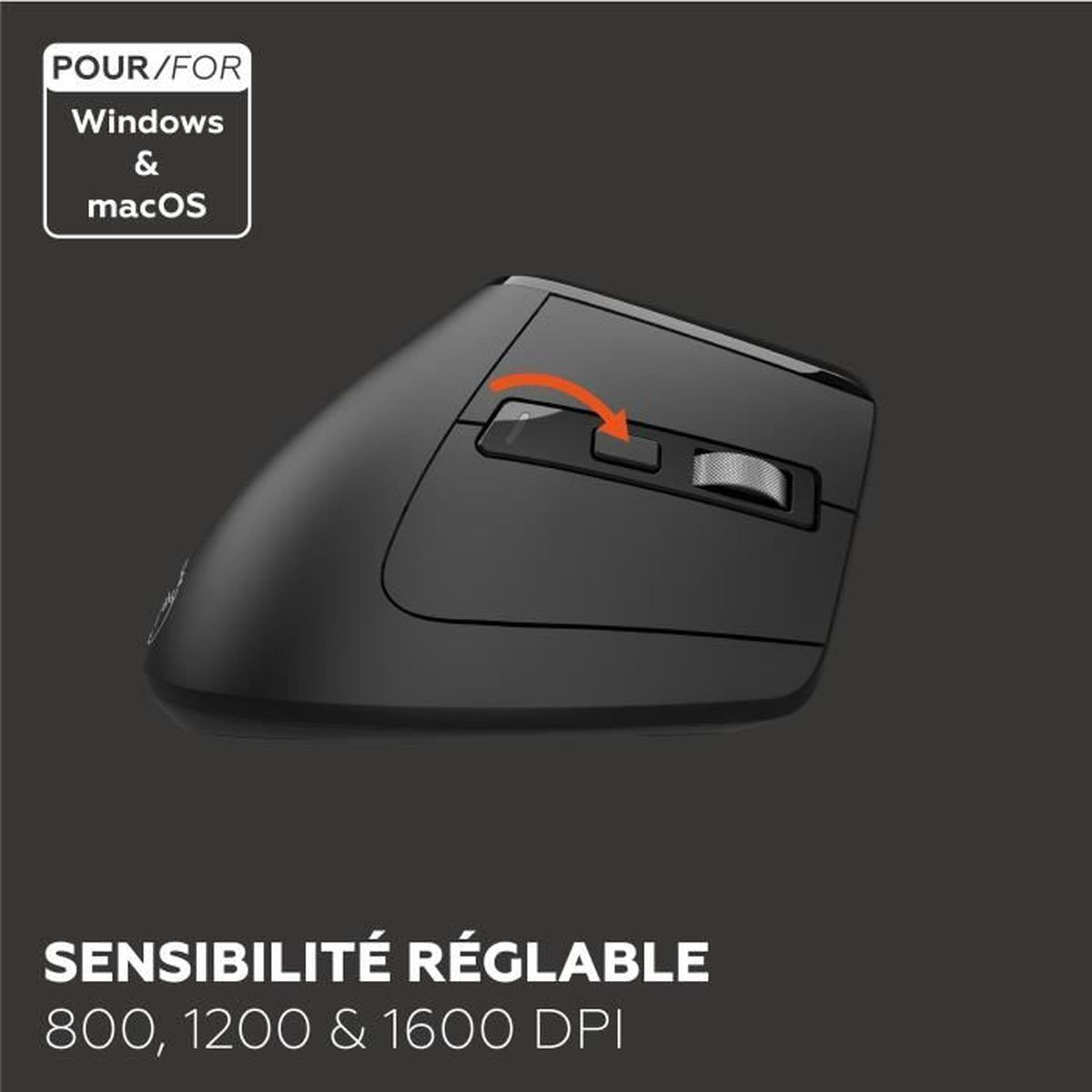 Ratón ergonómico negro con botón de ajuste DPI sobre fondo gris.