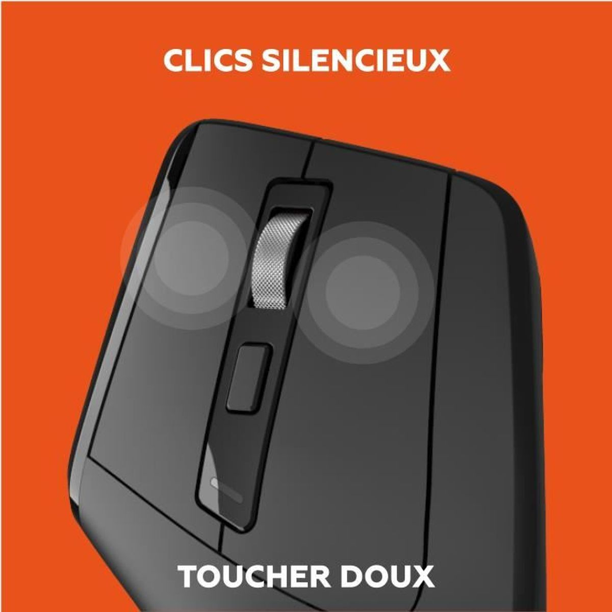 Ratón de ordenador negro sobre fondo naranja con texto CLICS SILENCIEUX y TOUCHER DOUX.