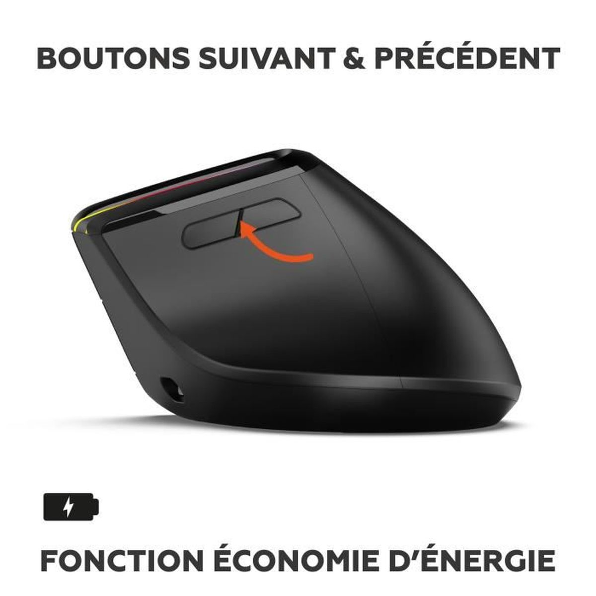 Ratón ergonómico negro con dos botones superiores y texto sobre fondo blanco.