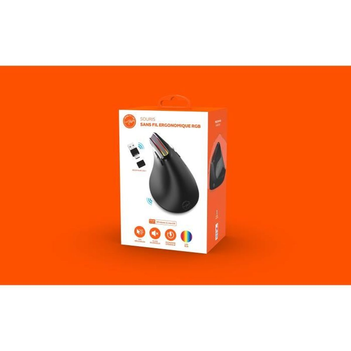 Embalaje de un ratón inalámbrico ergonómico RGB sobre un fondo naranja brillante.