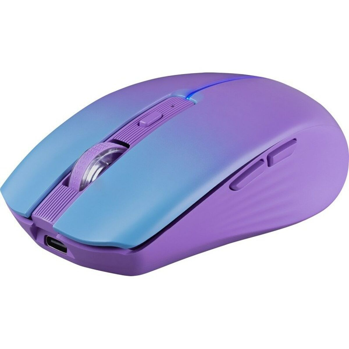 Un ratón de ordenador inalámbrico en morado y azul claro con rueda de desplazamiento y puerto USB-C.