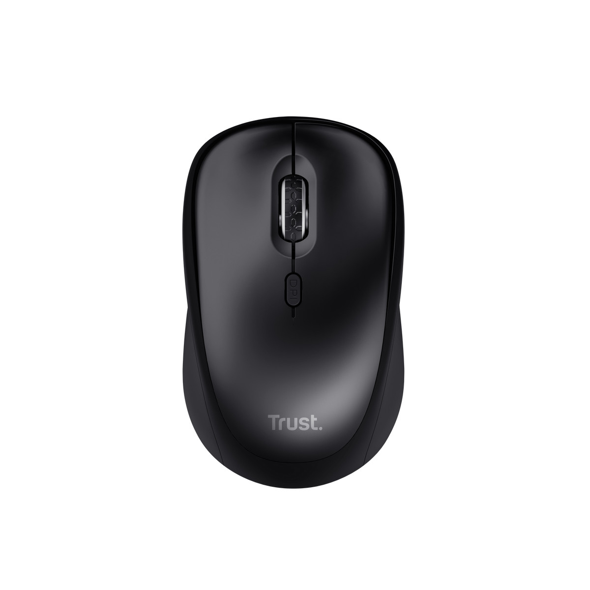 Vista dall'alto di un mouse per computer wireless nero con rotella di scorrimento, pulsante DPI e logo Trust.