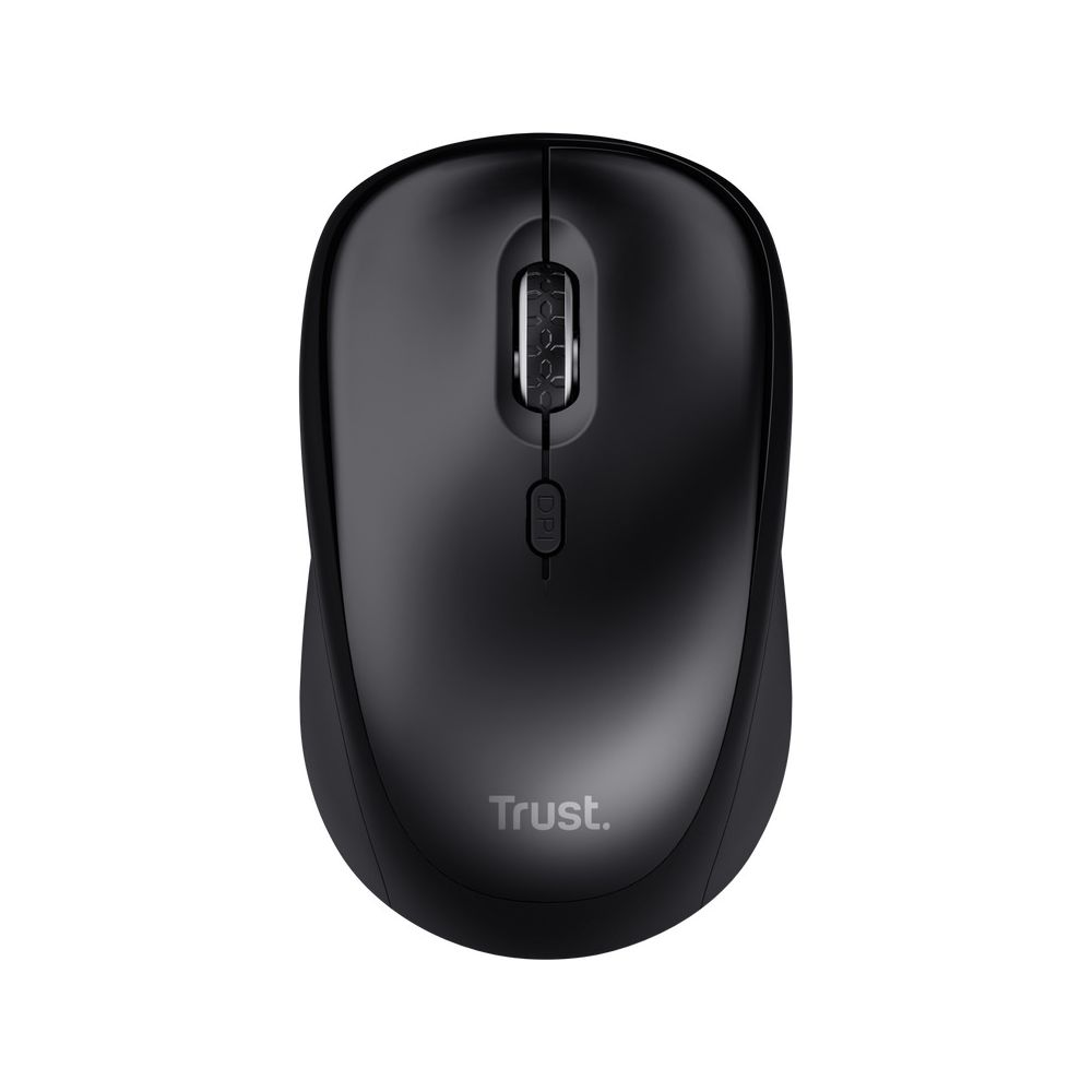 Un mouse per computer wireless Trust nero con rotella di scorrimento e pulsante DPI su sfondo bianco.