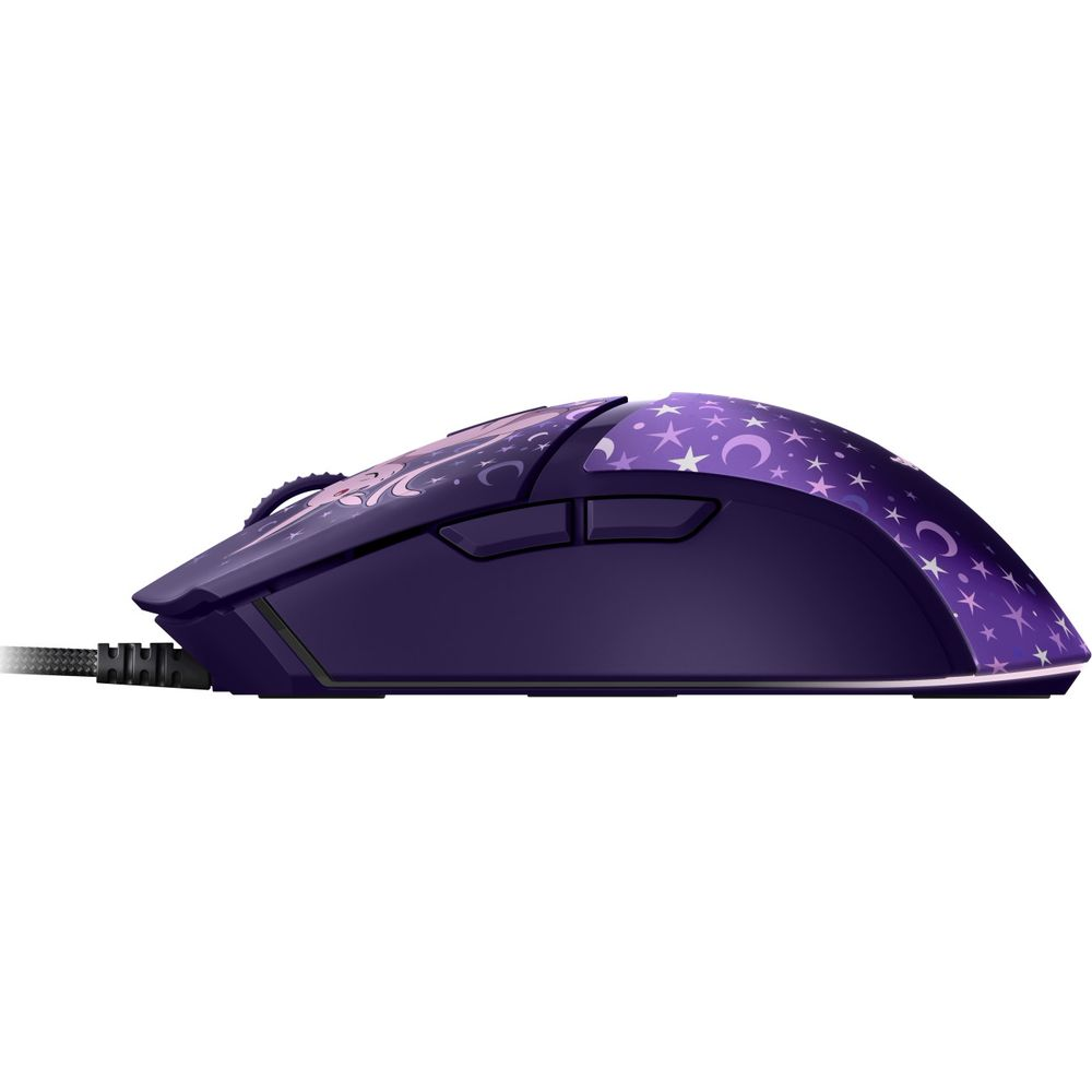 Perfil de un ratón de juego morado decorado con estrellas y crecientes.