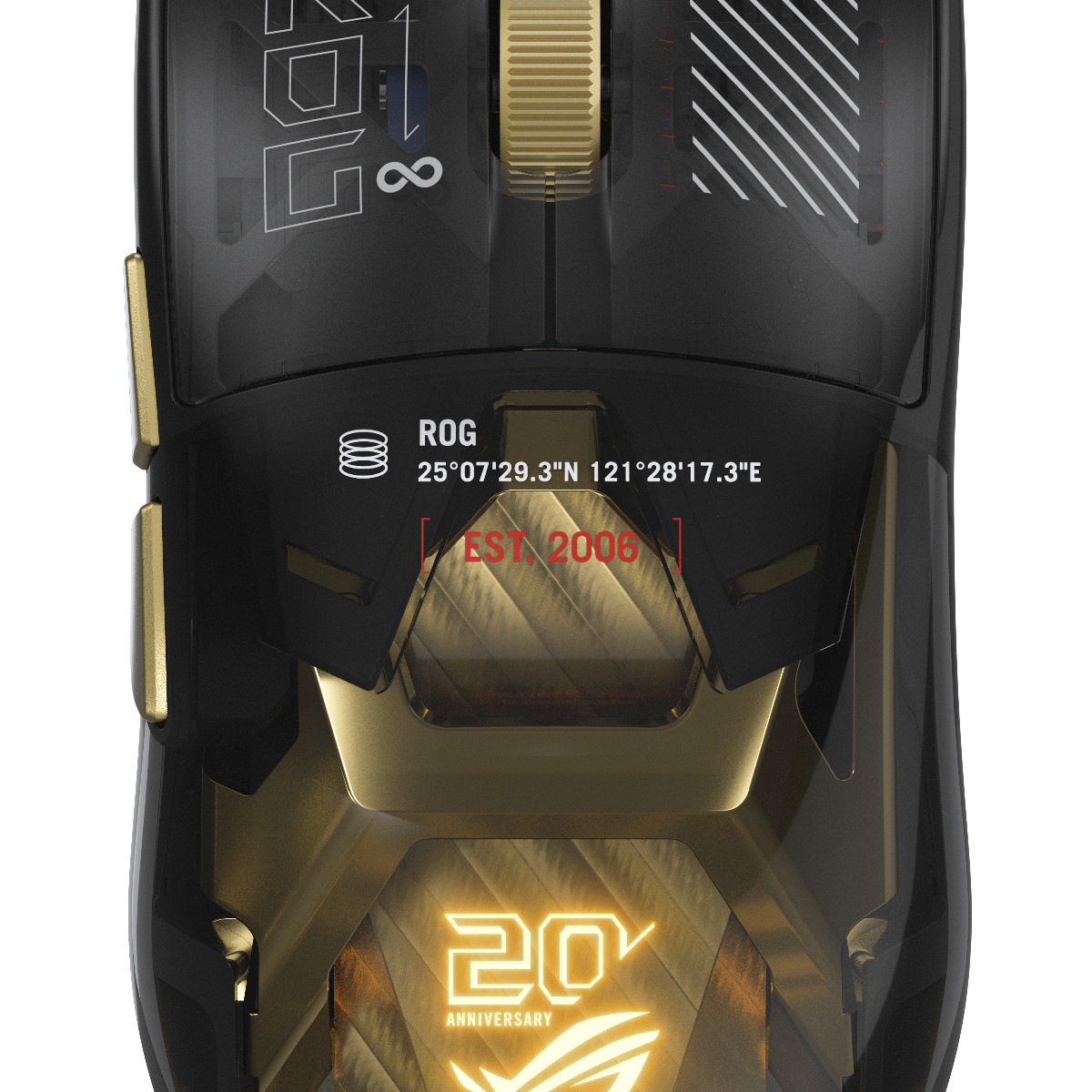 Un mouse da gioco ROG nero e oro con coordinate, EST. 2006 e un logo illuminato del 20° anniversario.
