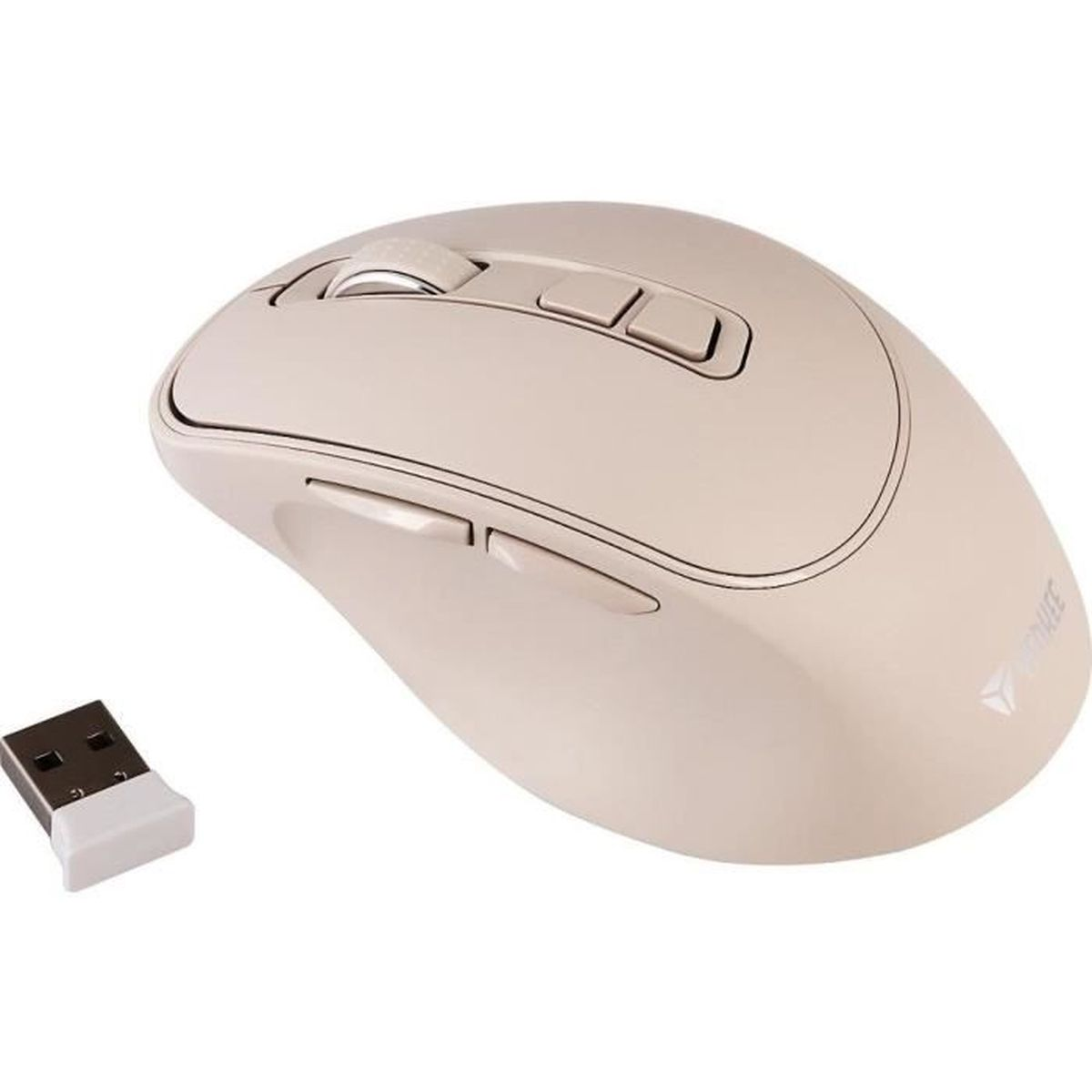 Un ratón de ordenador inalámbrico beige y un pequeño receptor USB sobre fondo blanco.