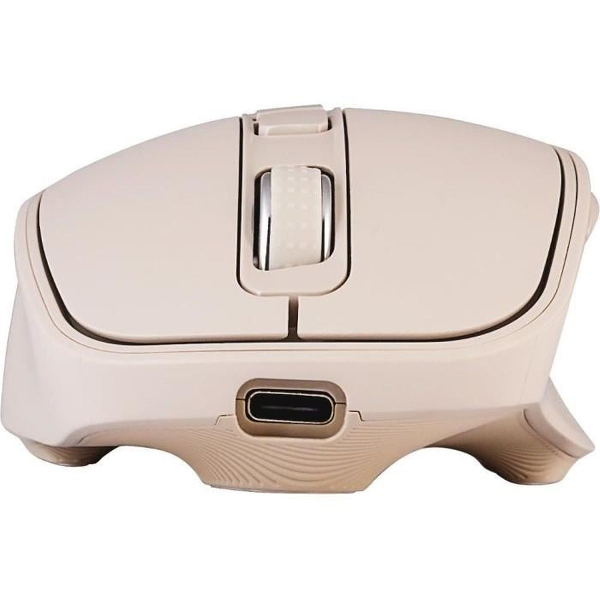 Un ratón inalambrico beige se muestra de frente, destacando su rueda de desplazamiento y puerto USB-C.