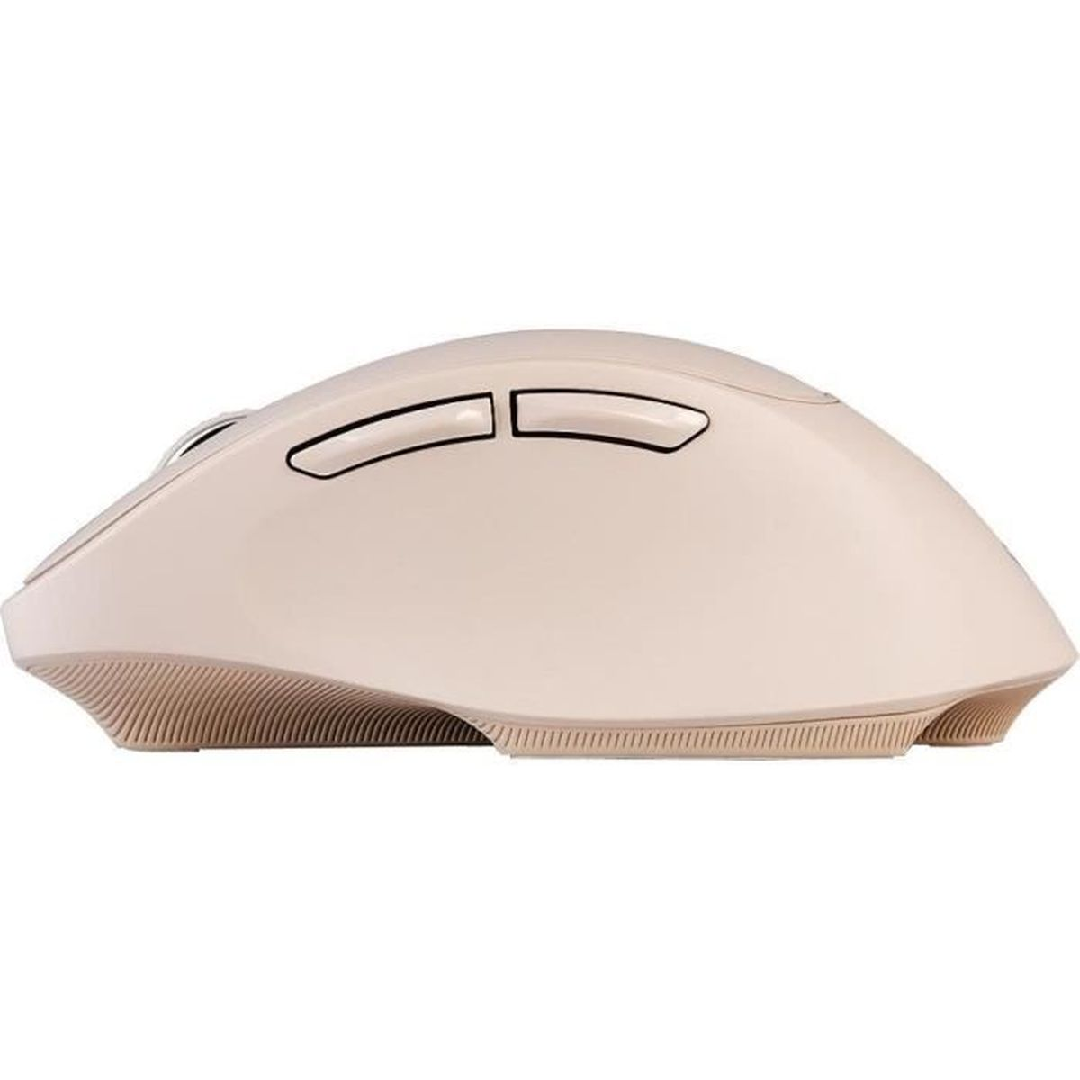 Un ratón de ordenador inalámbrico beige visto de lado, con dos botones laterales y agarre texturizado.
