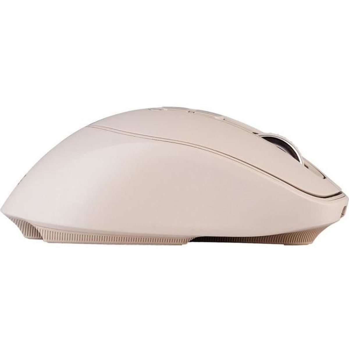 Un ratón de ordenador ergonómico y beige con rueda de desplazamiento metálica en vista lateral.